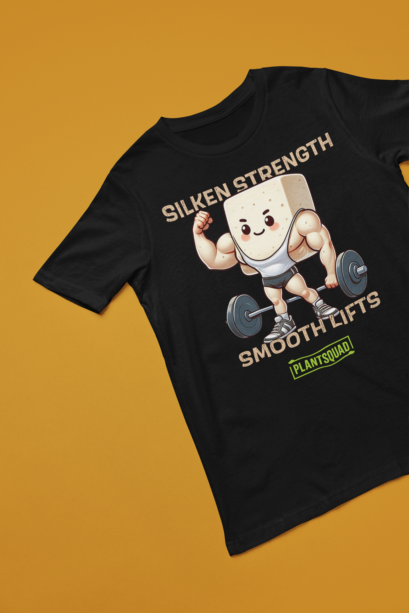 A black Plantsquad Tofu "Silken Strength Smooth Lifts" - Unisex T-Shirt featuring a muscly tofu cartoon character lifting weights. The text reads "Silken Strength" above the character and "Smooth Lifts" below. A green label with "PLANTSQUAD" at the bottom celebrates your plant-based lifestyle.