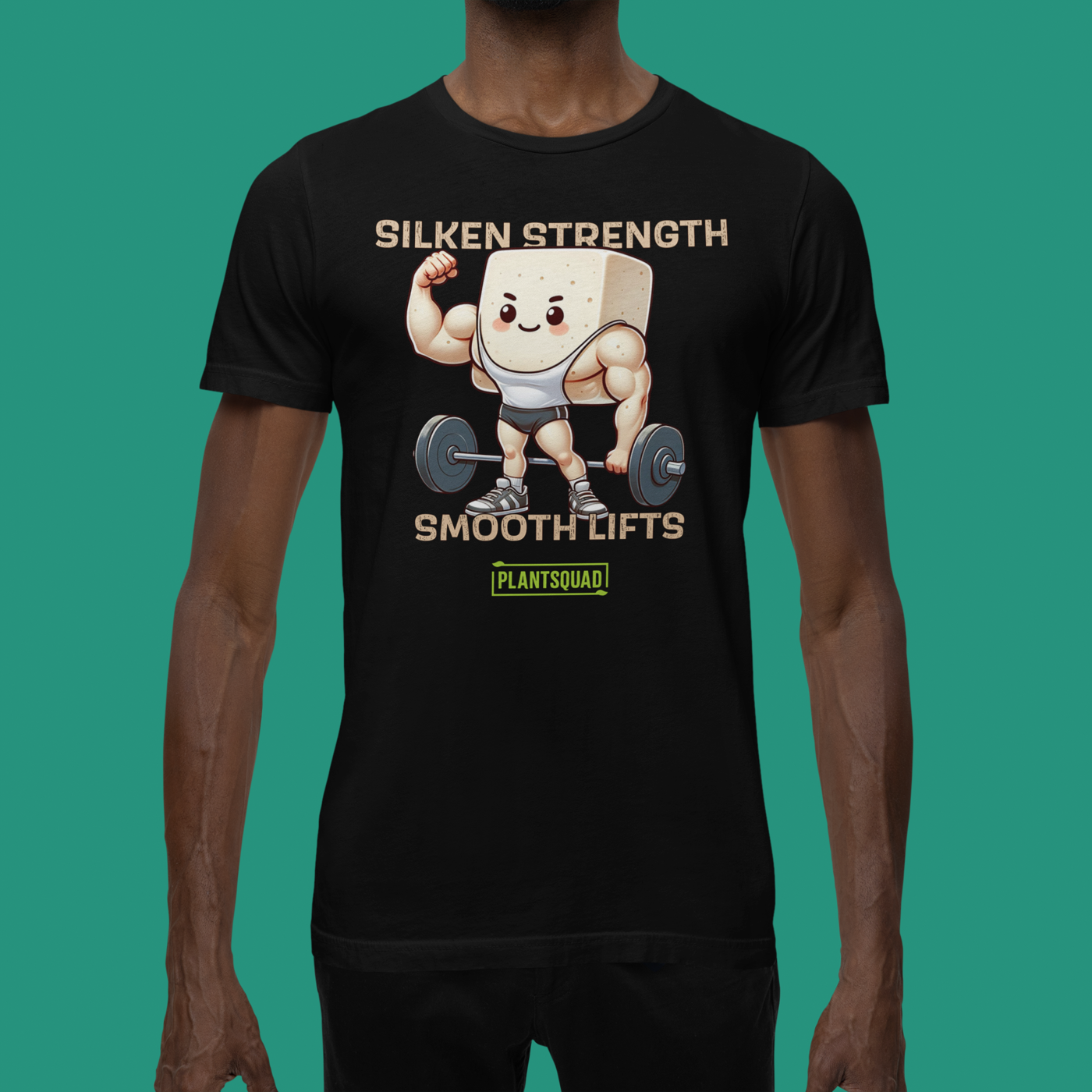 A black Plantsquad Tofu "Silken Strength Smooth Lifts" - Unisex T-Shirt featuring a muscly tofu cartoon character lifting weights. The text reads "Silken Strength" above the character and "Smooth Lifts" below. A green label with "PLANTSQUAD" at the bottom celebrates your plant-based lifestyle.