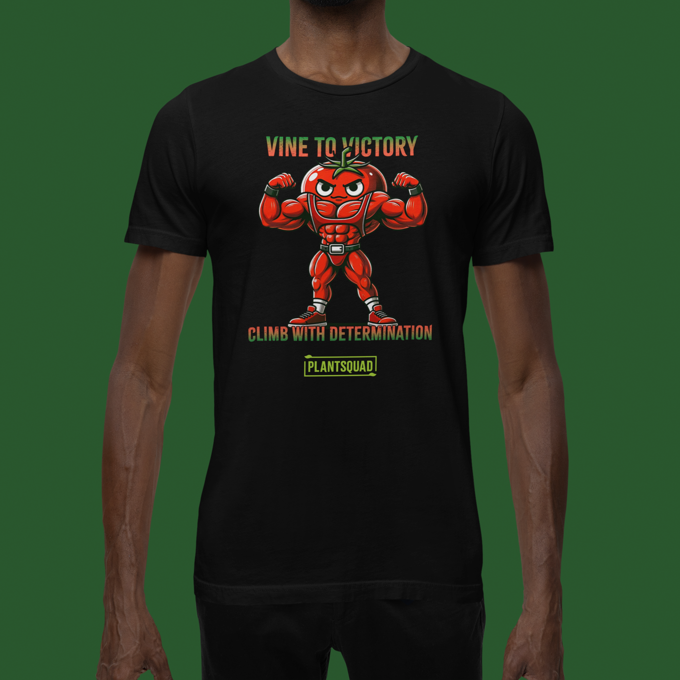 A Plantsquad Tomato "Vine To Victory Climb With Determination" - Unisex T-Shirt featuring an illustration of a muscular, anthropomorphic tomato flexing its arms. Perfect for fitness enthusiasts, the text above reads "Vine to Victory," and below, it says "Climb with Determination." The word "Plantsquad" is written at the bottom in a green box.