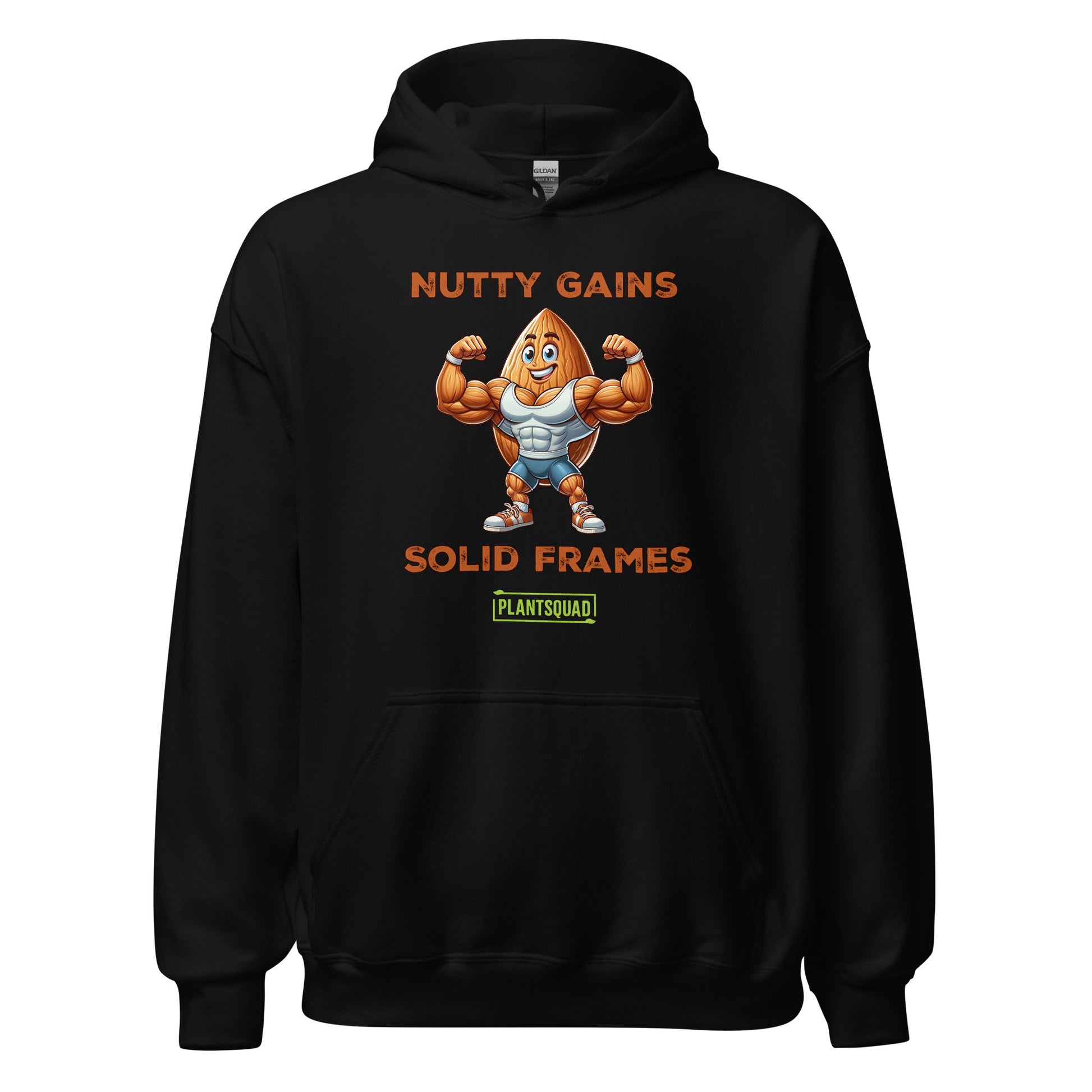 A black Plantsquad Almond "Nutty Gains Solid Frames" - Unisex Hoodie displays a muscular peanut character flexing its biceps with the text "Nutty Gains" above and "Solid Frames" below. The logo "Plant Squad" is at the bottom, perfect for gym enthusiasts. The design is bold, humorous, and fitness-themed.