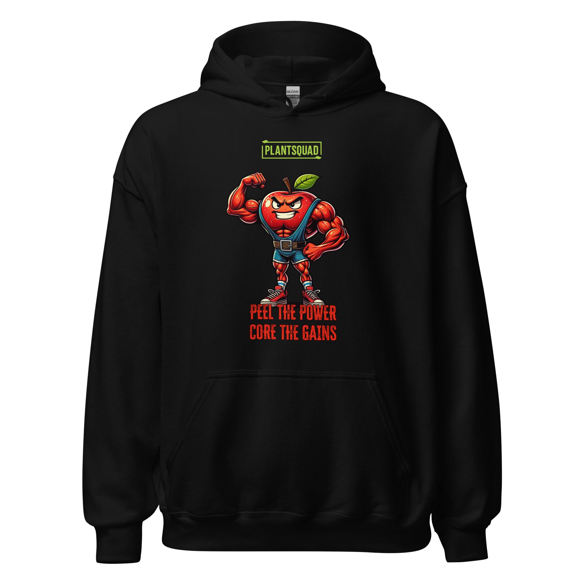 The Plantsquad Apple "Peel The Power Core The Gains" - Unisex Hoodie features a black vegan design with a muscular, anthropomorphic apple character in a fitness pose. The red apple, with a determined expression, is wearing a weightlifting belt. Above, it says 'PLANTSQUAD,' and below, 'PEEL THE POWER, CORE THE GAINS' in bold red text. Perfect for embracing your plant-based lifestyle.