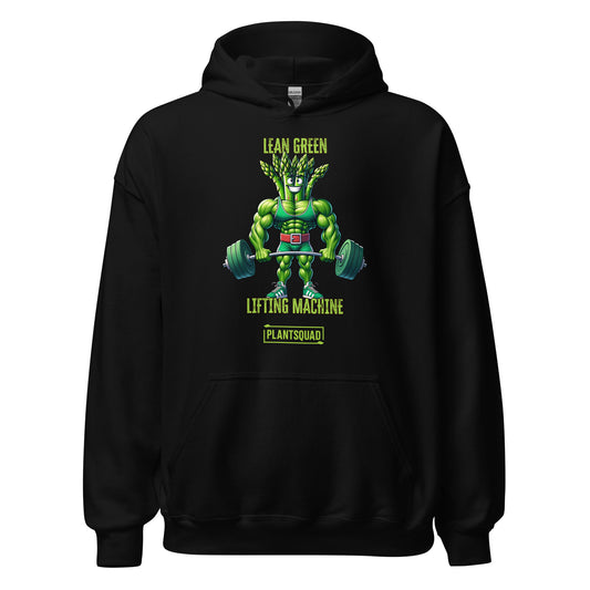 A black weight lifting hoodie featuring a muscular, green, humanoid plant character lifting two large dumbbells. Above the character are the words "Lean Green Lifting Machine" in green, and "PLANT SQUAD" is written below. Perfect vegan gym apparel for those embracing a plant-based lifestyle. Introducing the Plantsquad Asparagus "Lean Green Lifting Machine" - Unisex Hoodie.