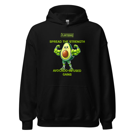 The **Plantsquad Avocado "Spread The Strength Avocado-Infused Gains" - Unisex Hoodie** features a smiling, muscular avocado character with flexed arms. Above it, the text reads "PLANTSQUAD." Below, in bright green letters: "SPREAD THE STRENGTH AVOCADO-INFUSED GAINS." Ideal for anyone embracing a vegan lifestyle and loving an avocado design.