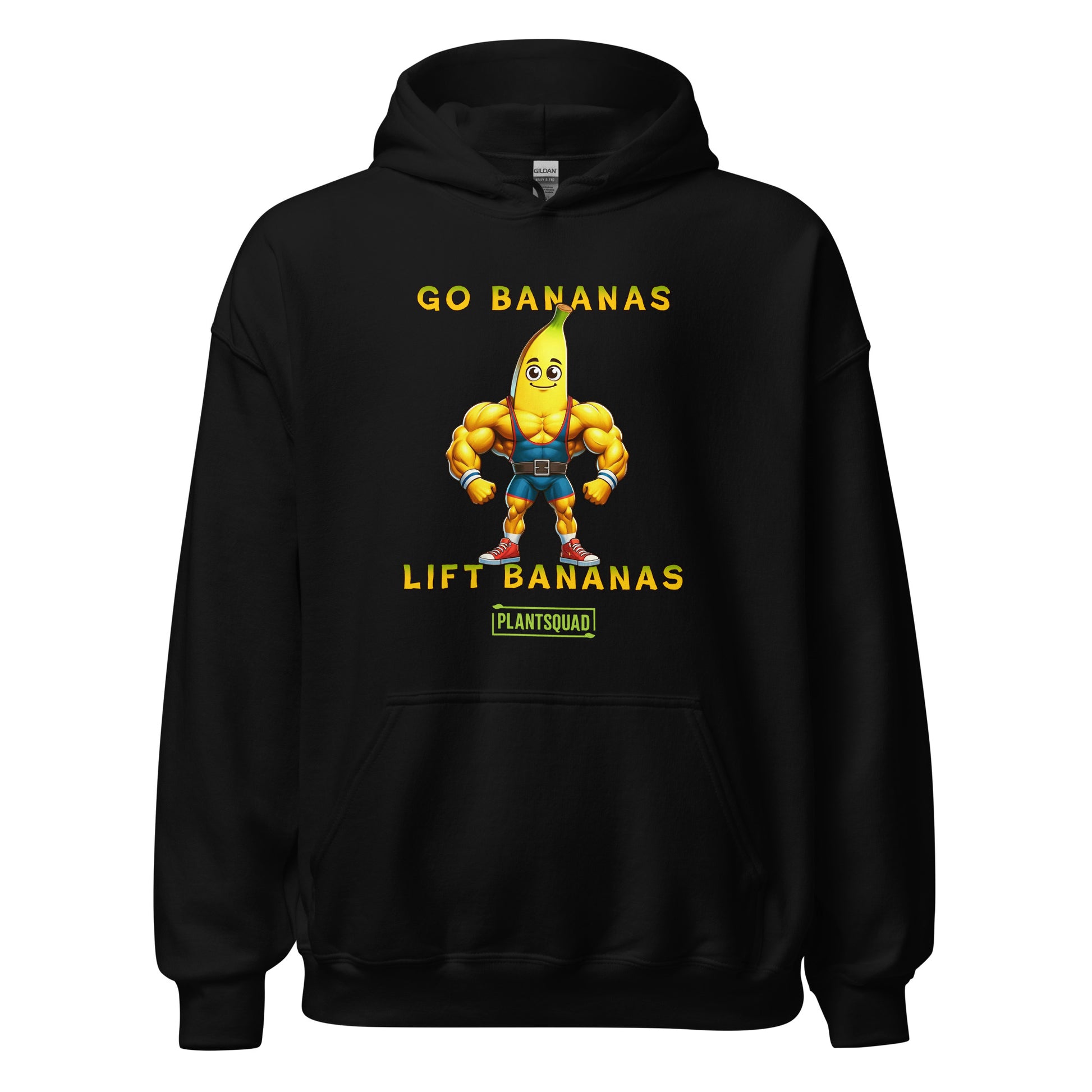 A black vegan hoodie featuring a muscular cartoon banana character flexing its arms. The text above the character reads "GO BANANAS" and below the character reads "LIFT BANANAS." There is a small "PLANTSQUAD" logo beneath the character, ideal for those embracing a plant-based lifestyle and weight lifting apparel. The product name is Plantsquad Banana "Go Bananas Lift Bananas" - Unisex Hoodie.