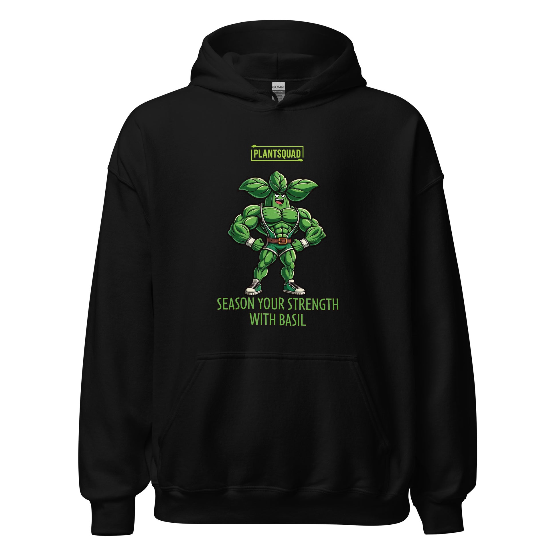 The Plantsquad Basil "Season Your Strength With Basil" - Unisex Hoodie features a muscular cartoon basil character, aptly named Basil, standing with arms crossed. Above Basil, a green logo reads "PLANTSQUAD." Below him, the text says, "SEASON YOUR STRENGTH WITH BASIL." Embrace the vegan lifestyle and cozy fabric while flaunting your love for weight lifting.