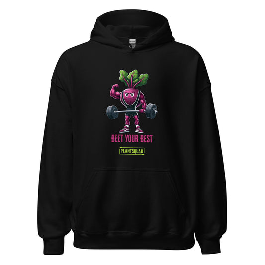 Enjoy the Plantsquad Beetroot "Beet Your Best" - Unisex Hoodie, a black hoodie made of cozy fabric featuring an illustrated beetroot lifting barbells, with leaves as hair, under the text "BEET YOUR BEST" in bold pink letters. Embrace your vegan lifestyle with the small green box below the beetroot character that reads "PLANTSQUAD.