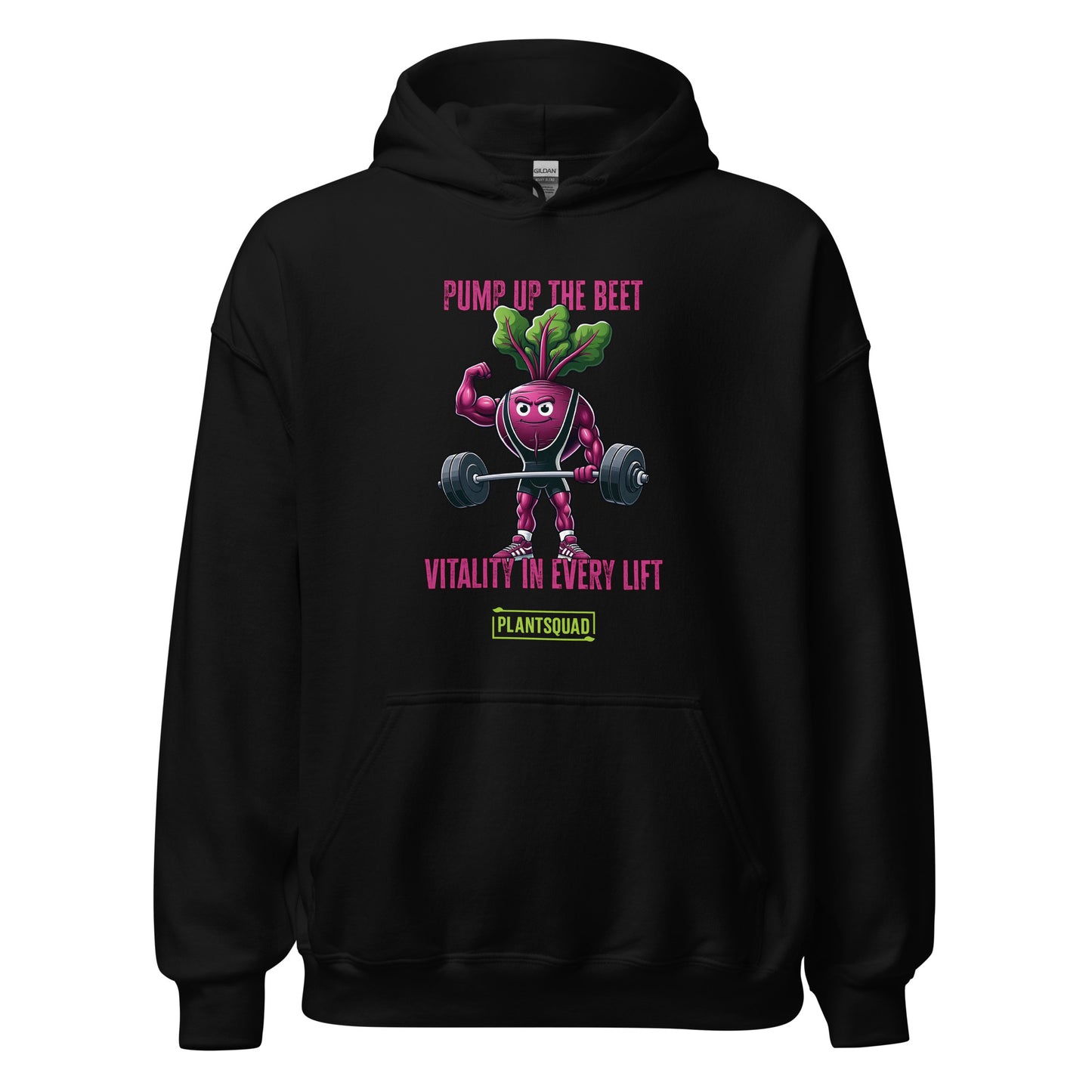 A Plantsquad Beetroot "Pump Up The Beet Vitality In Every Lift" - Unisex Hoodie featuring a muscular beetroot design lifting dumbbells. Above the beet, the text reads "PUMP UP THE BEET," and below it says "VITALITY IN EVERY LIFT." Made from cozy fabric, it perfectly complements your vegan lifestyle. The logo "PLANT SQUAD" is printed at the bottom.