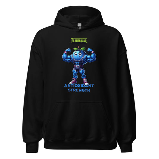 Introducing the Plantsquad Blueberry "Antioxidant Strength" - Unisex Hoodie: a black hoodie showcasing a muscular blue blueberry cartoon, flexing its arms and donned with a belt. Perfect for gym enthusiasts embracing the vegan lifestyle, it features "PLANTSQUAD" above and "ANTIOXIDANT STRENGTH" below the vibrant image.