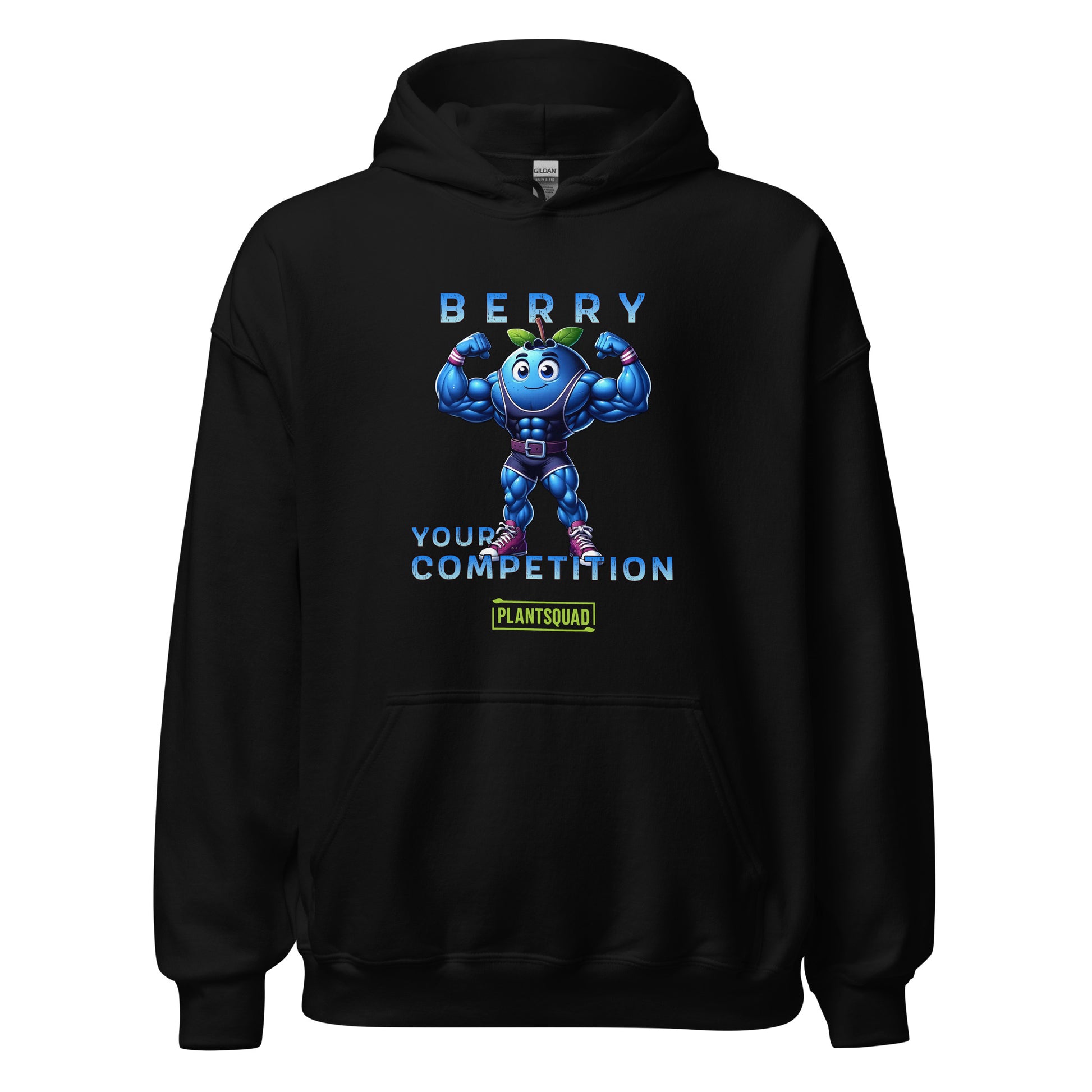 This Plantsquad Blueberry "Berry Your Competition" - Unisex Hoodie features a muscular blueberry cartoon flexing its arms. Above, the text reads "BERRY," and below, "YOUR COMPETITION" is written. A small green and yellow label with the word "PLANTSQUAD" is at the bottom, perfect for those embracing a plant-based lifestyle.