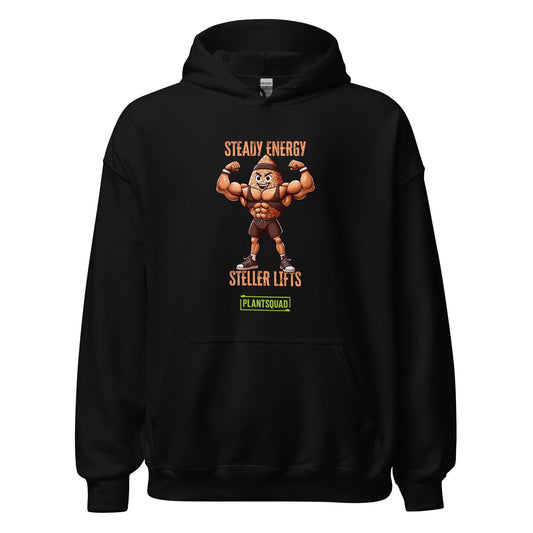 A Plantsquad Brown Rice "Steady Energy Steller Lifts" - Unisex Hoodie featuring a muscular cartoon peanut flexing its arms. Above the peanut, the text reads "STEADY ENERGY," and below it, "STELLER [sic] LIFTS." Made from cozy fabric, it embraces the vegan lifestyle with a green rectangular logo at the bottom that says "PLANTSQUAD.