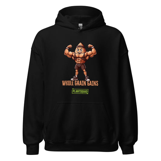 This black vegan hoodie, the Plantsquad Brown Rice "Whole Grain Gains" - Unisex Hoodie, features a cartoon image of a muscular grain character flexing its arms. The text reads "WHOLE GRAIN GAINS" above the character and "PLANTSQUAD" below it, making it perfect gym wear for those embracing a plant-based lifestyle.