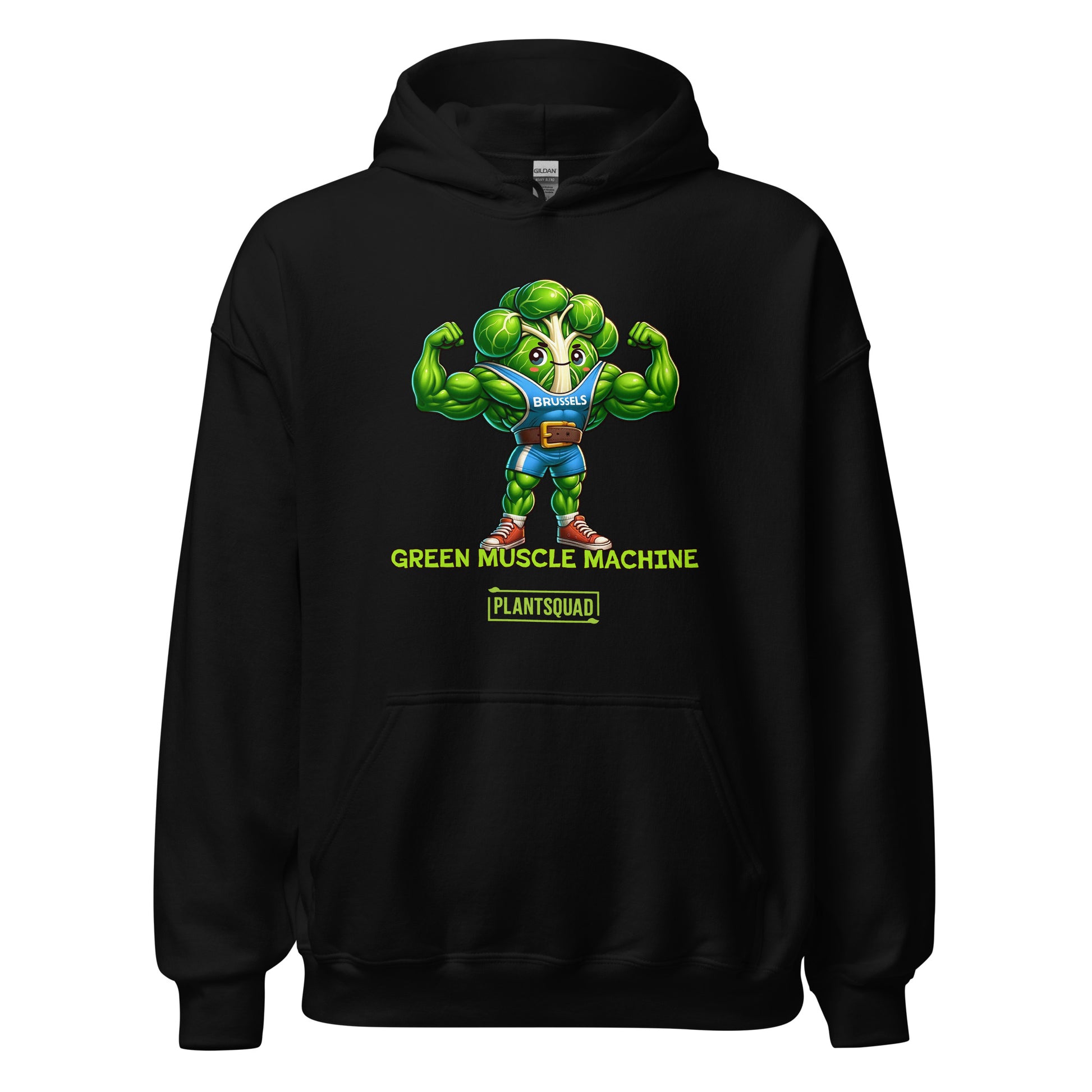 A black **Plantsquad Brussel Sprout "Green Muscle Machine" - Unisex Hoodie** featuring a muscular, anthropomorphic broccoli character flexing its arms. Text below the character reads "GREEN MUSCLE MACHINE" with "PLANTSQUAD" underneath—perfect for those embracing a plant-based lifestyle and seeking stylish vegan gym wear.