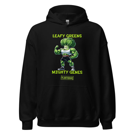 A black Plantsquad Cabbage "Leafy Greens Mighty Genes" - Unisex Hoodie featuring a graphic of a muscular cabbage cartoon with a lettuce head, wearing sunglasses and flexing its arms. The cozy fabric ensures comfort while the text above reads "LEAFY GREENS," below reads "MIGHTY GENES," and "PLANT SQUAD" displayed in a rectangular box. Perfect for championing the vegan lifestyle.