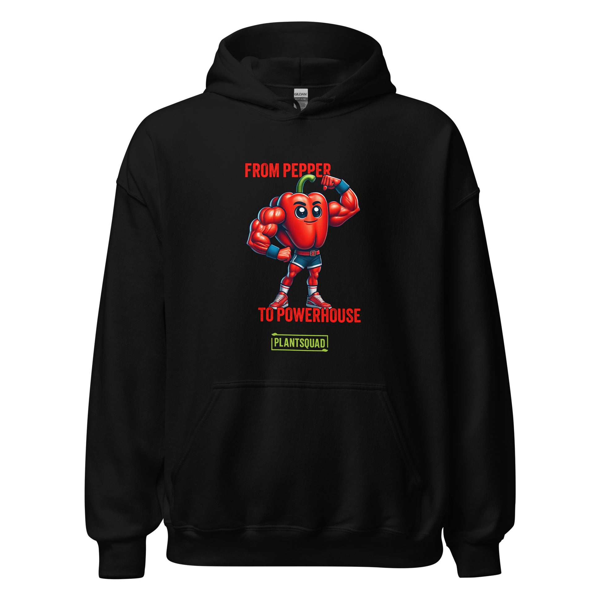 Plantsquad Capsicum "From Pepper To Powerhouse" - Unisex Hoodie featuring a cartoon image of a muscular red pepper wearing boxing gloves and shorts. The text above the character reads "FROM PEPPER TO POWERHOUSE" and below it, "PLANTSQUAD" is written on a green banner, celebrating the vegan lifestyle and plant-based power in weight lifting.