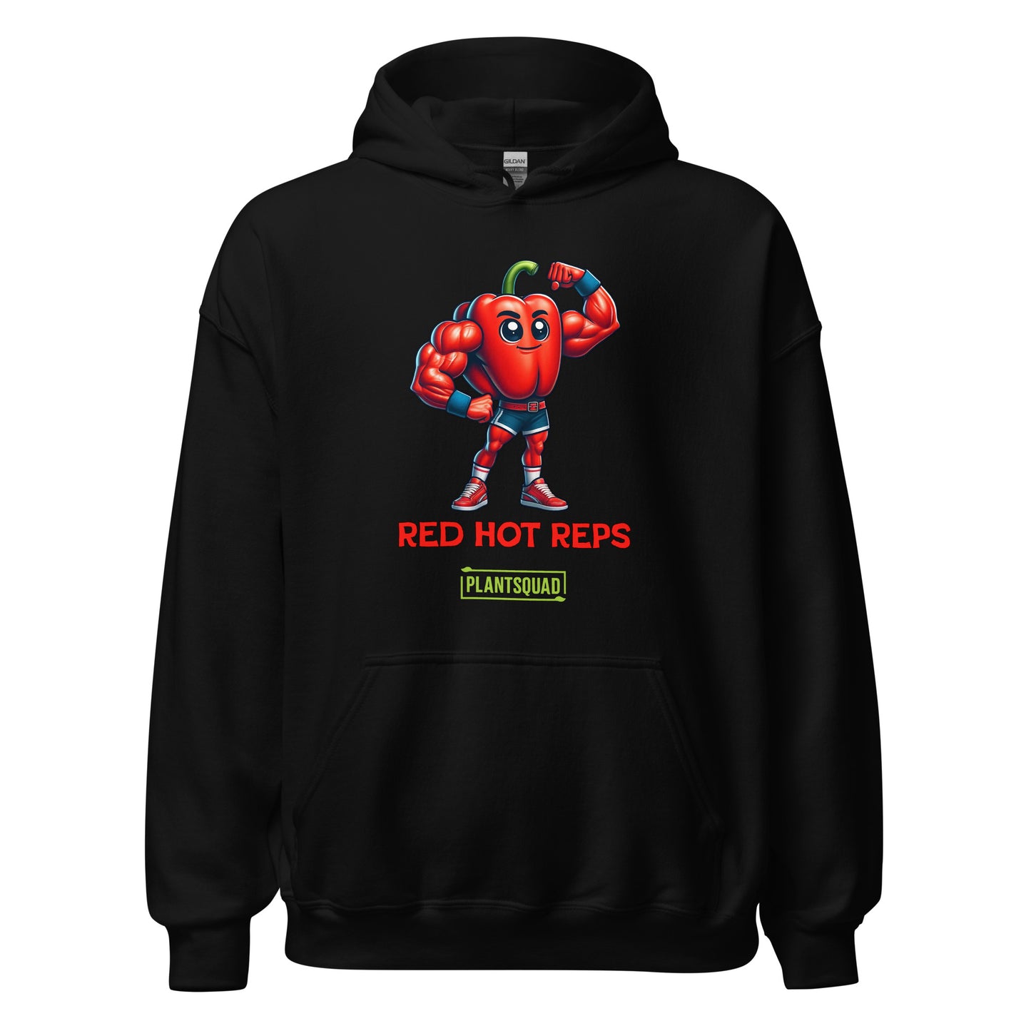 The Plantsquad Capsicum "Red Hot Reps" - Unisex Hoodie features a cartoon muscular red bell pepper character flexing its arms. The text "RED HOT REPS" is printed in red below the character, with "PLANTSQUAD" in green beneath it. Perfect workout clothing, the hoodie has a front pocket and drawstrings at the neck.