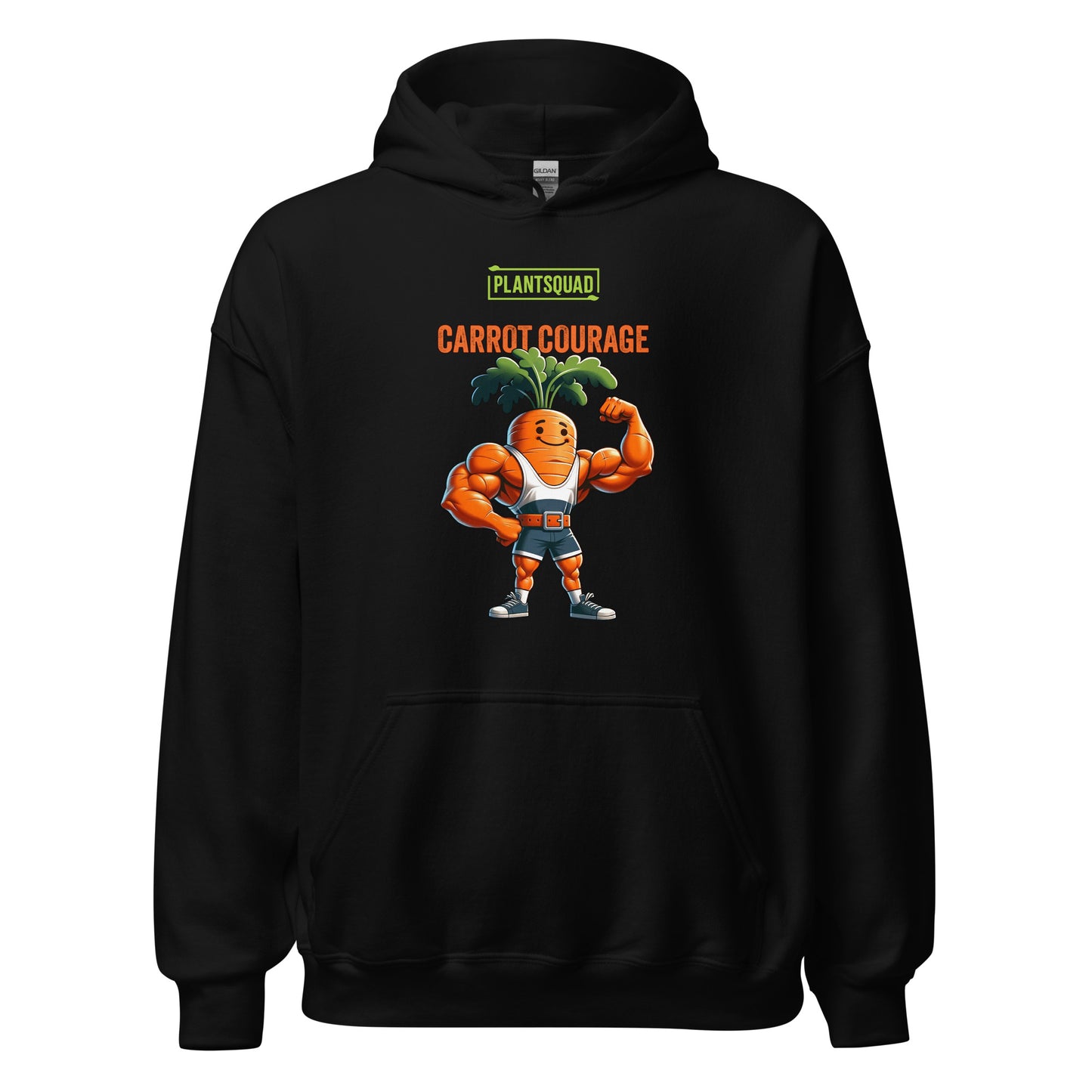 A Plantsquad Carrot "Carrot Courage" - Unisex Hoodie featuring a cartoon image of a muscular carrot character with green leafy hair, flexing its arms. Above the carrot, the text reads "PLANTSQUAD" and "CARROT COURAGE" in bold letters, perfect for those embracing the vegan lifestyle.