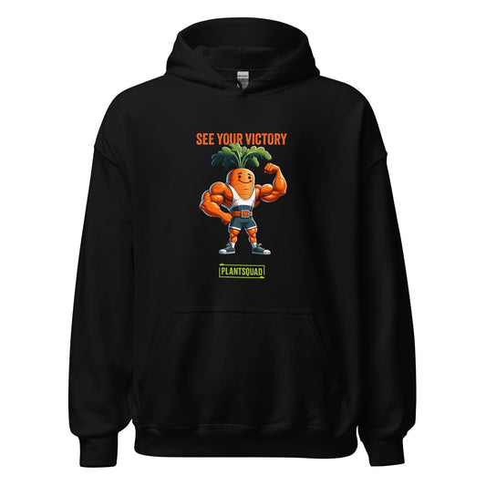 The Plantsquad Carrot "See Your Victory" - Unisex Hoodie features a muscular carrot cartoon flexing its muscles, wearing a white tank top and orange shorts. Above the carrot, the text reads "SEE YOUR VICTORY," and below it, a green banner says "PLANTSQUAD." Perfect for anyone embracing the vegan lifestyle.