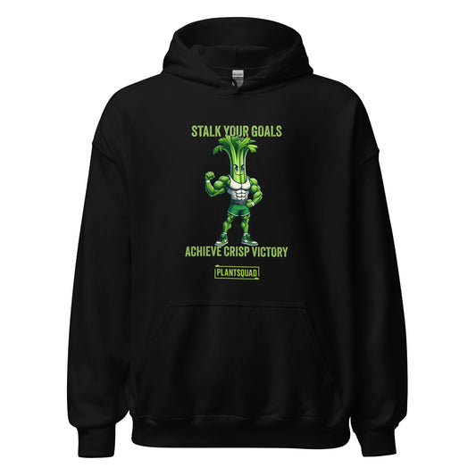 The Plantsquad Celery "Stalk Your Goals Achieve Crisp Victory" - Unisex Hoodie features a muscular anthropomorphic celery stalk. Green text above reads, "STALK YOUR GOALS," and below reads, "ACHIEVE CRISP VICTORY." The phrase "PLANTSQUAD" is written beneath the celery figure. This vegan hoodie is perfect for embracing a plant-based lifestyle and weight lifting apparel needs.