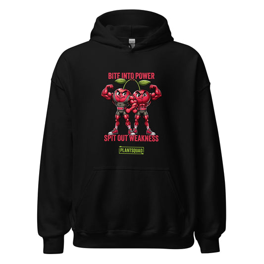 Sure, here is the sentence with the product name replaced:

A black hoodie featuring an illustration of two muscular tomatoes, one male and one female, flexing their biceps. The text reads, "Bite into Power, Spit Out Weakness," with the brand name "PlantSquad" below. Perfect for those embracing a vegan lifestyle and looking for a weight lifting hoodie with attitude. Introducing the **Plantsquad Cherries "Bite Into Power Spit Out Weakness" - Unisex Hoodie**!