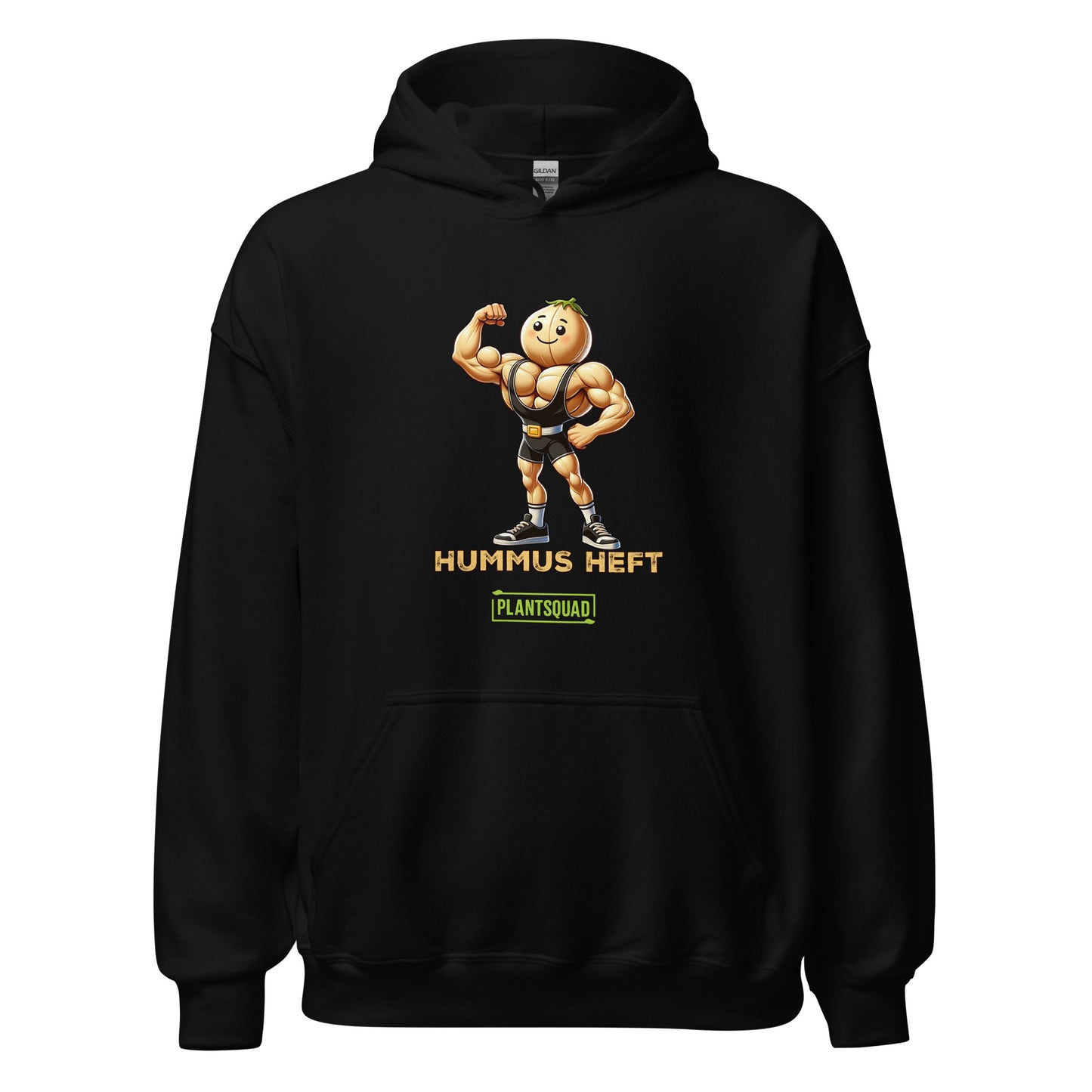 The Plantsquad Chickpea "Hummus Heft" - Unisex Hoodie features a black hooded sweatshirt with a cartoon hummus mascot flexing its biceps, embodying the weight-lifting chickpea spirit. The text "Hummus Heft" is printed below the character, with "PLANTSQUAD" in a green box underneath, perfect for showcasing your vegan lifestyle.