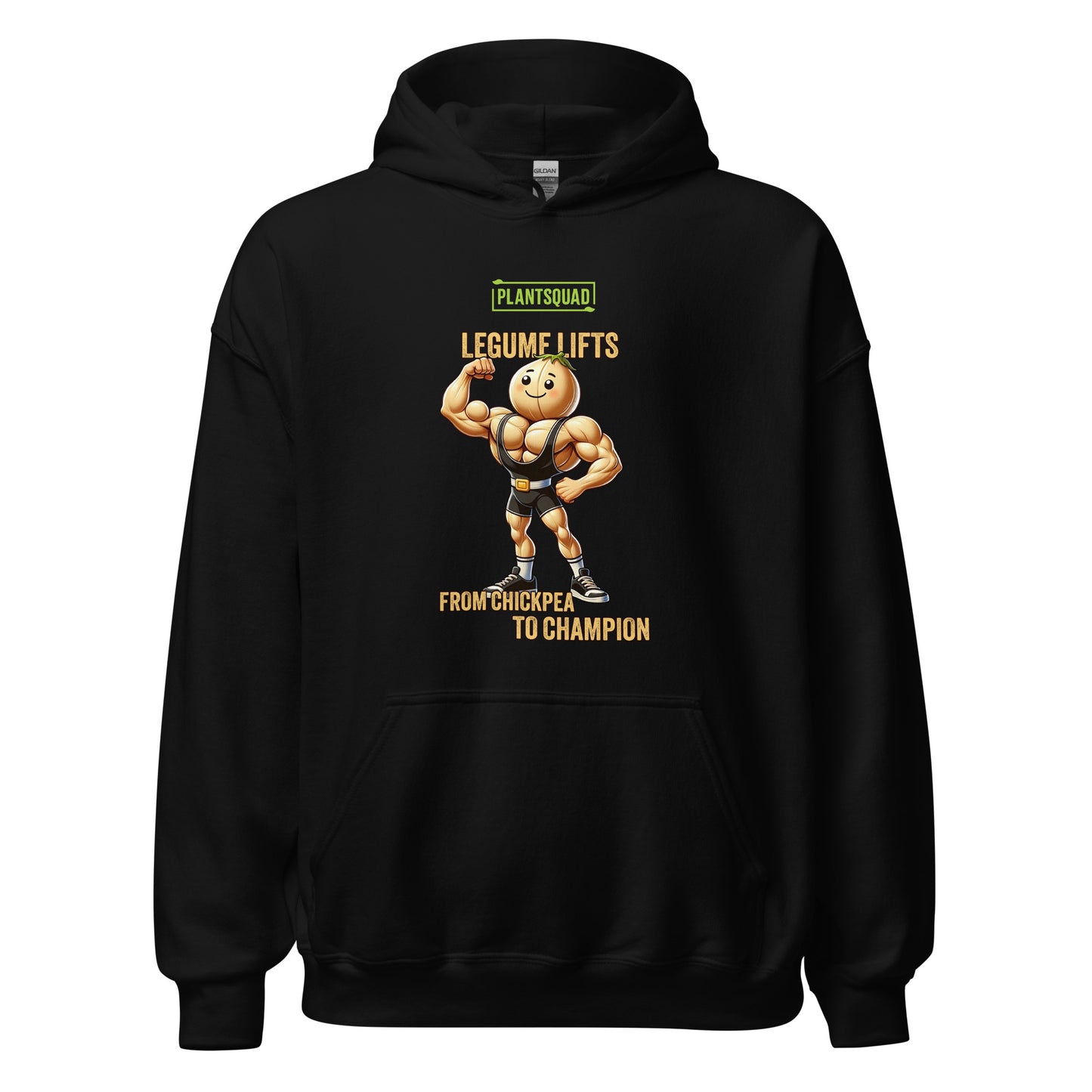 A black Plantsquad Chickpea "Legume Lifts" - Unisex Hoodie features a muscular chickpea cartoon character lifting a dumbbell. Above the character, text reads "Plantsquad" and "Legume Lifts." Below, it says "From Chickpea to Champion." The design is centered on the chest area of the hoodie, perfect for showing off your vegan lifestyle.