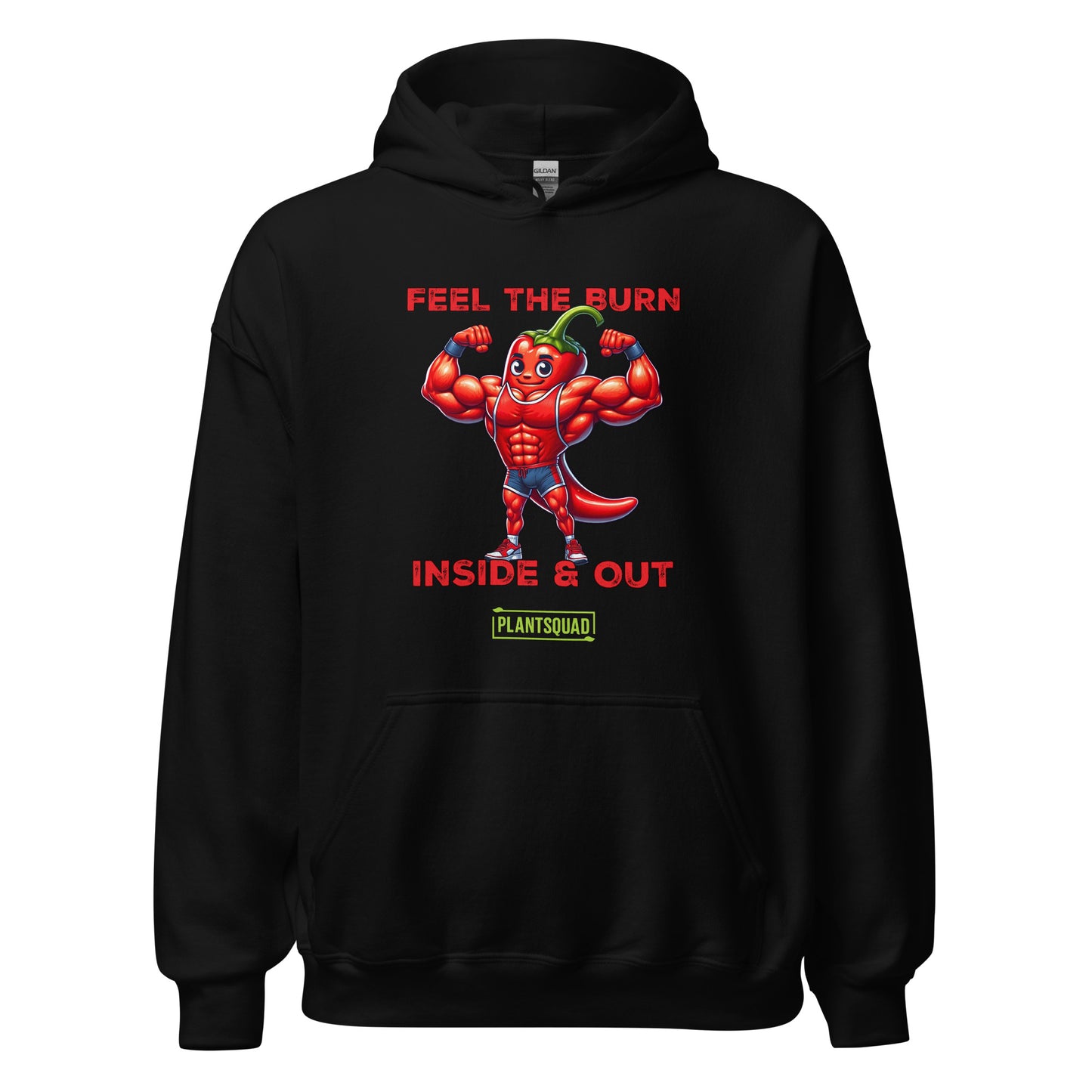 The Plantsquad Chilli "Feel The Burn Inside & Out" - Unisex Hoodie is a black weight lifting hoodie with a design of a muscular cartoon chili pepper flexing its muscles. The text above reads "Feel the Burn" and below it reads "Inside & Out." The bottom text features the logo "PlantSquad" in green and white, perfect for showcasing your plant-based, vegan lifestyle.