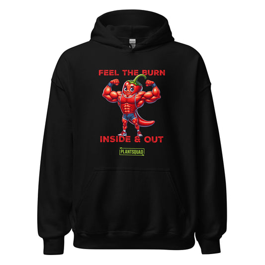 The Plantsquad Chilli "Feel The Burn Inside & Out" - Unisex Hoodie is a black weight lifting hoodie with a design of a muscular cartoon chili pepper flexing its muscles. The text above reads "Feel the Burn" and below it reads "Inside & Out." The bottom text features the logo "PlantSquad" in green and white, perfect for showcasing your plant-based, vegan lifestyle.