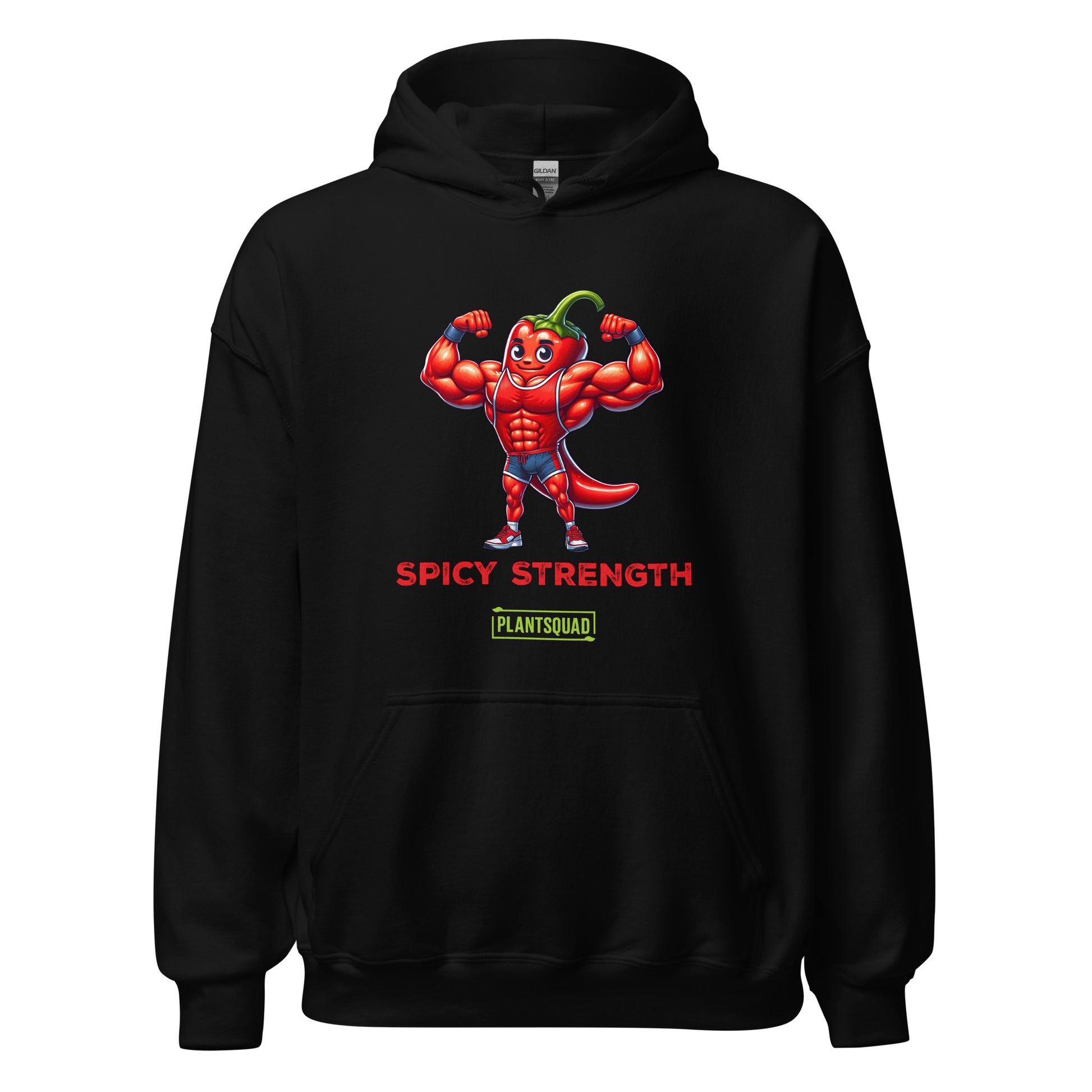 The Plantsquad Chilli "Spicy Strength" - Unisex Hoodie features a cartoon muscular chili pepper character flexing its biceps. The text "SPICY STRENGTH" is written below in red, bold letters. Lower on the hoodie, there is a green rectangular label with the text "PLANTSQUAD" in white, perfect for anyone embracing the vegan lifestyle.