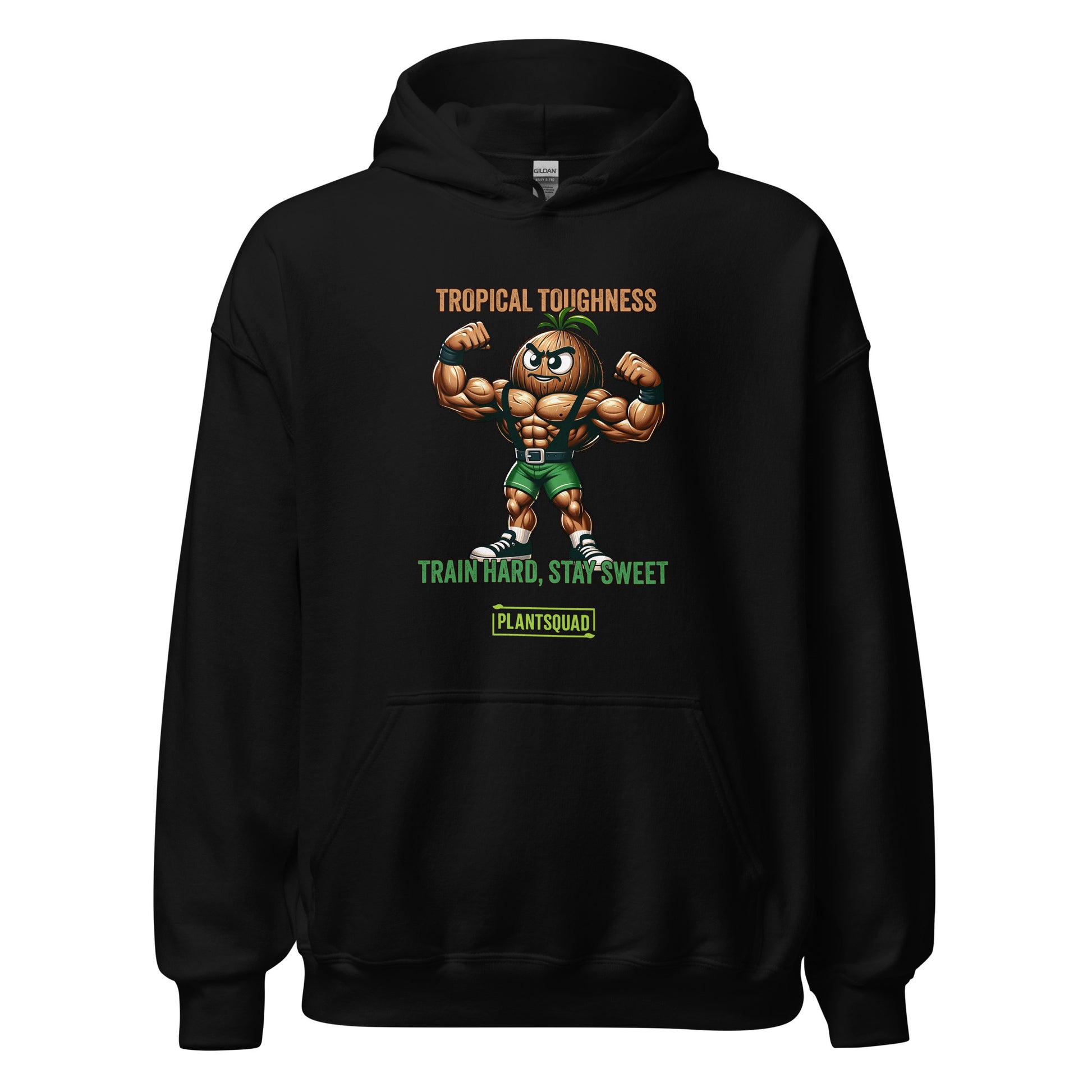 The Plantsquad Coconut "Tropical Toughness Train Hard Stay Sweet" - Unisex Hoodie features a muscular cartoon coconut flexing its biceps, wearing green shorts. Above the coconut, text reads "Tropical Toughness." Below it, text reads "Train Hard, Stay Sweet" with a green banner labeled "PlantSquad." Ideal for those embracing a vegan lifestyle.