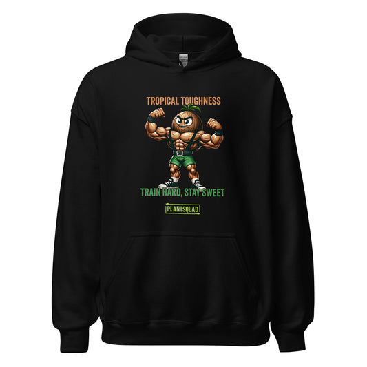 The Plantsquad Coconut "Tropical Toughness Train Hard Stay Sweet" - Unisex Hoodie features a muscular cartoon coconut flexing its biceps, wearing green shorts. Above the coconut, text reads "Tropical Toughness." Below it, text reads "Train Hard, Stay Sweet" with a green banner labeled "PlantSquad." Ideal for those embracing a vegan lifestyle.