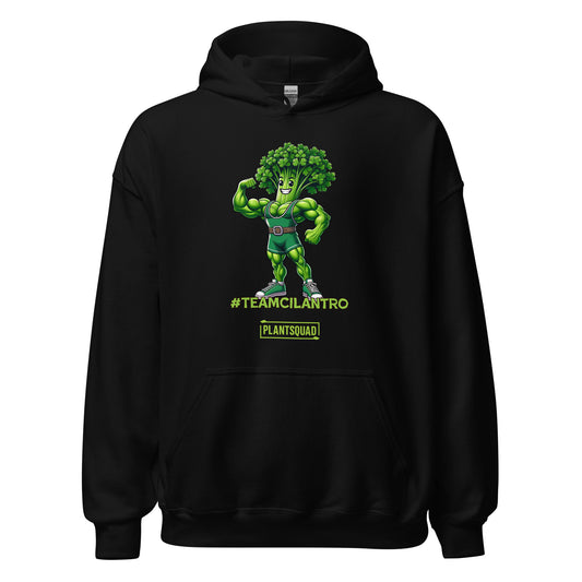 The Plantsquad Cilantro "Team Cilantro" - Unisex Hoodie features a cartoon of a muscular, flexing cilantro superhero, perfect for those embracing a vegan lifestyle. The character has a leafy head, an eye mask, and a belt. Below the character, the text reads "#TEAMCILANTRO" and "PLANTSQUAD.