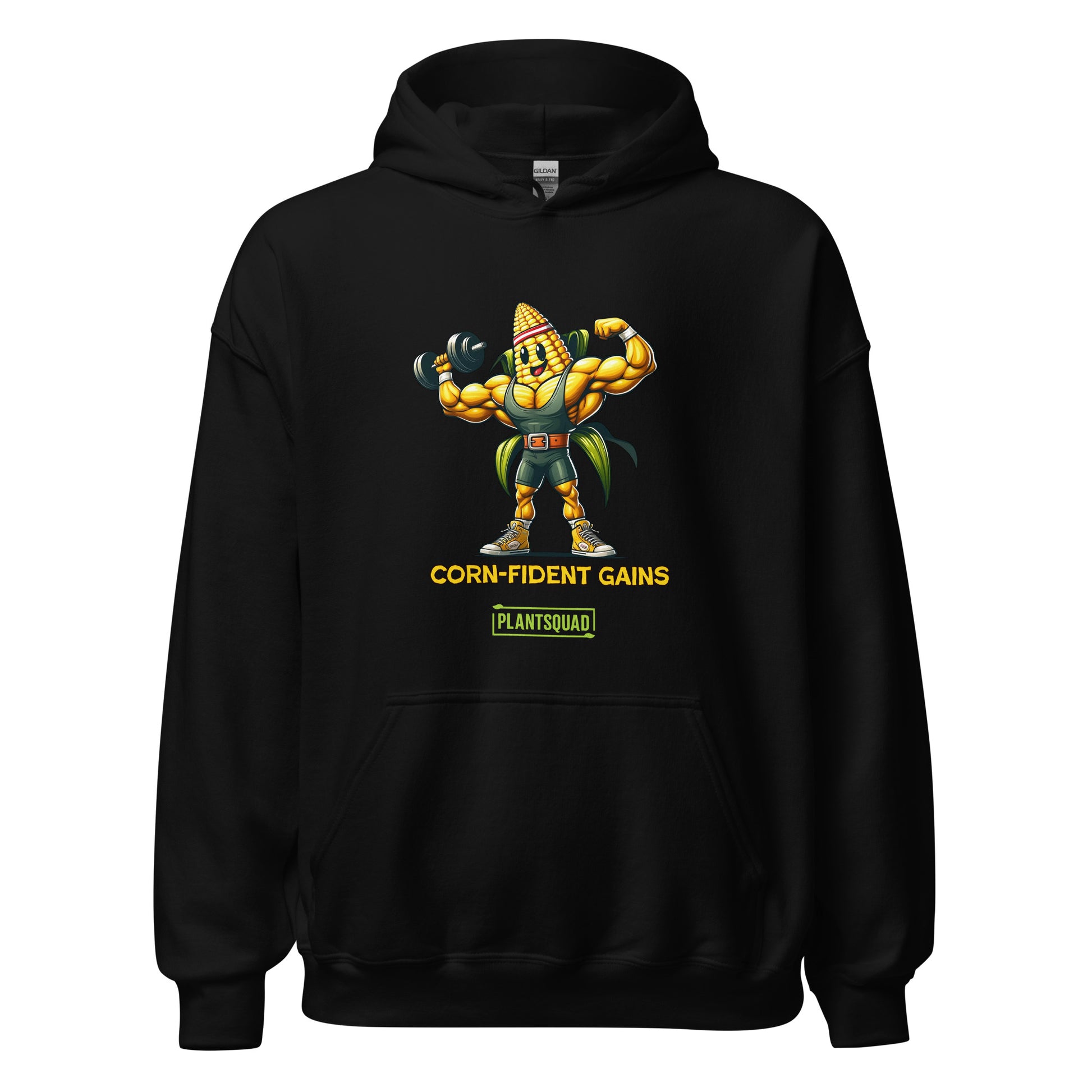 Black hoodie featuring a muscular anthropomorphic corn cob character flexing its biceps. The text beneath the character reads "CORN-fident Gains" with "PLANTSQUAD" in a green box below. Perfect for gym enthusiasts who embrace a plant-based lifestyle, this Plantsquad Corn "Corn-fident Gains" - Unisex Hoodie exudes confidence with every wear.