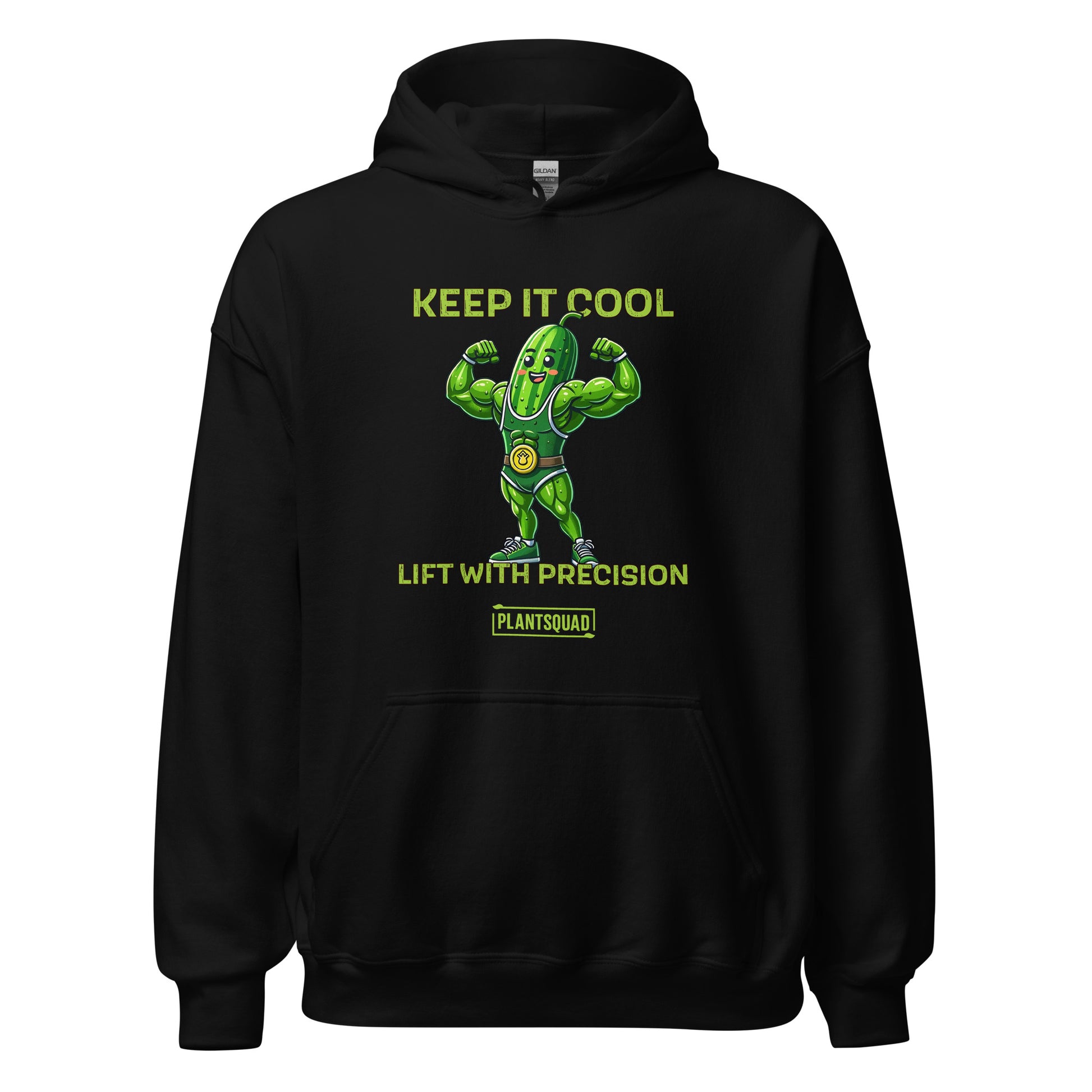 A black hoodie featuring a muscular green pickle character flexing its arms. Above the character, it says "KEEP IT COOL," and below, "LIFT WITH PRECISION." The word "PLANTSQUAD" is written on a banner beneath the pickle, perfect for those embracing a plant-based vegan lifestyle while weight lifting—this is the Plantsquad Cucumber "Keep It Cool Lift With Precision" - Unisex Hoodie.