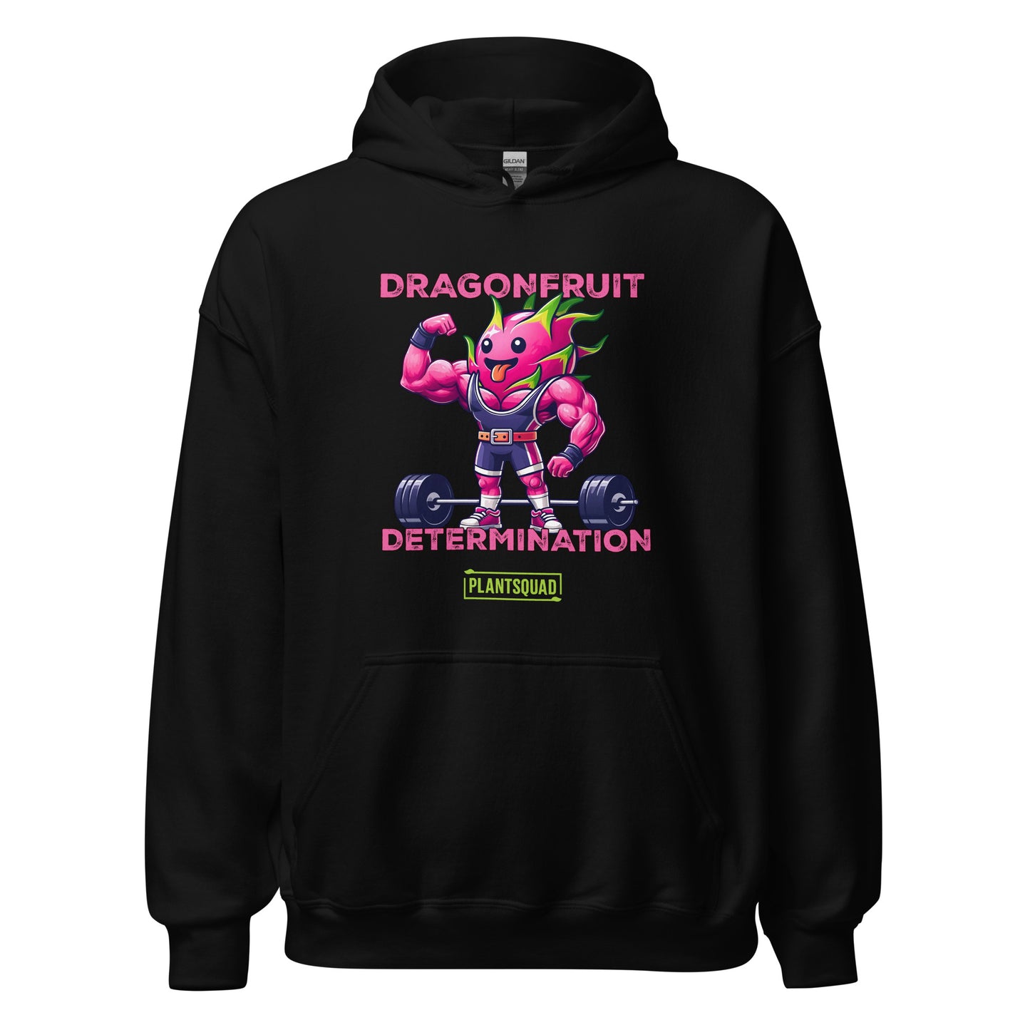 This Plantsquad Dragonfruit "Dragonfruit Determination" - Unisex Hoodie features a muscular dragonfruit character lifting barbells, with text above and below reading "Dragonfruit Determination." The bright pink dragonfruit with green spikes showcases strength and determination, promoting a vegan lifestyle. The "Plantsquad" logo is displayed at the bottom.