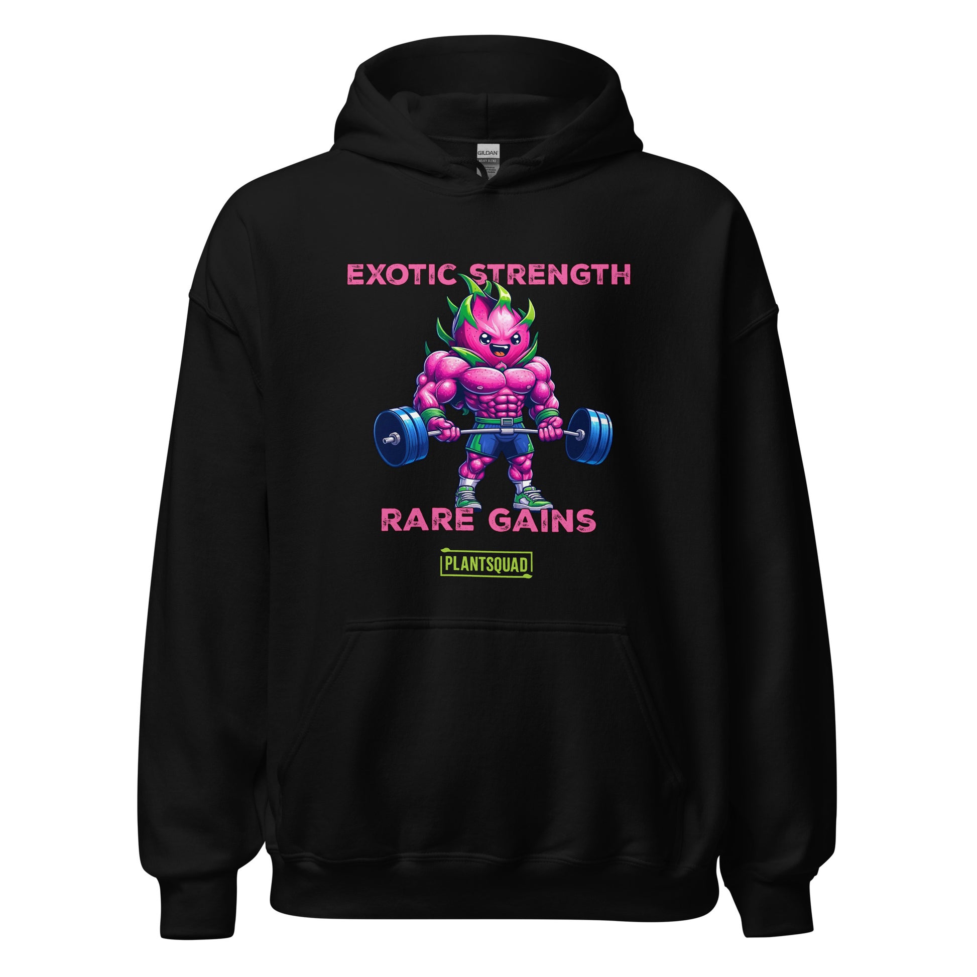 Plantsquad Dragonfruit "Exotic Strength Rare Gains" - Unisex Hoodie featuring a muscular, pink cartoon character with green hair lifting dumbbells. The text above and below the character reads "EXOTIC STRENGTH" and "RARE GAINS" in pink, with "PLANTSQUAD" in green and yellow at the bottom. Perfect for embracing a vegan lifestyle!