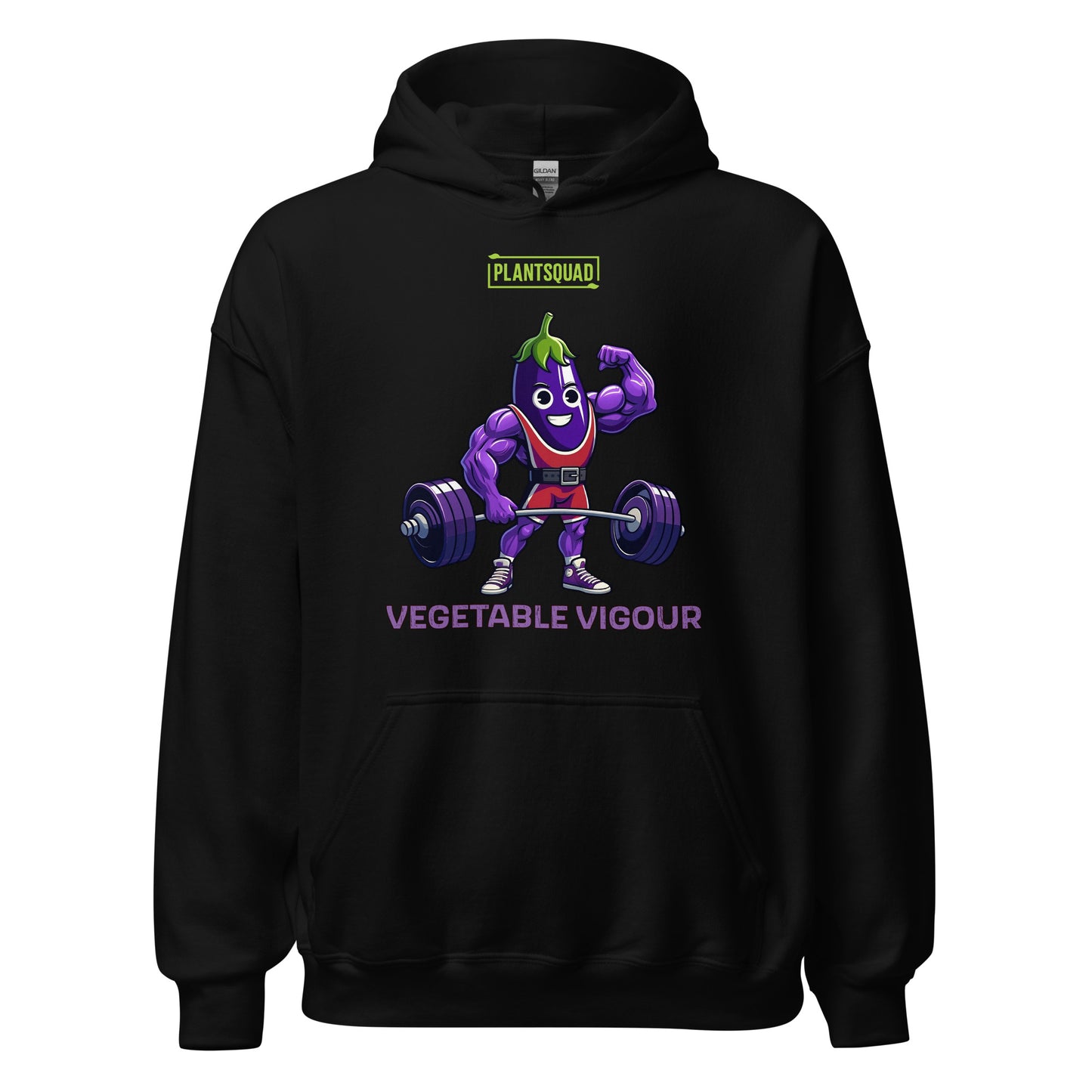 The Plantsquad Eggplant "Vegetable Vigour" - Unisex Hoodie features an illustration of a muscular cartoon vegetable lifting weights. The character is smiling and flexing one arm. The text above reads "PLANT SQUAD," and below, it says "VEGETABLE VIGOUR." Perfect for embracing the vegan lifestyle with its fun, weight-lifting theme.