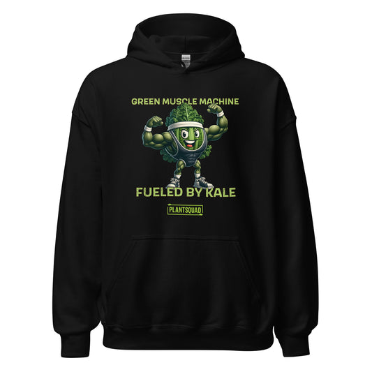 **Plantsquad Kale "Green Muscle Machine Fueled By Kale" - Unisex Hoodie** featuring an illustration of a muscular cartoon character made of kale flexing its arms. The text above reads "GREEN MUSCLE MACHINE" and below, "FUELED BY KALE." At the bottom, there's a logo with "PLANTSQUAD" written on it. Perfect for showcasing your vegan lifestyle.