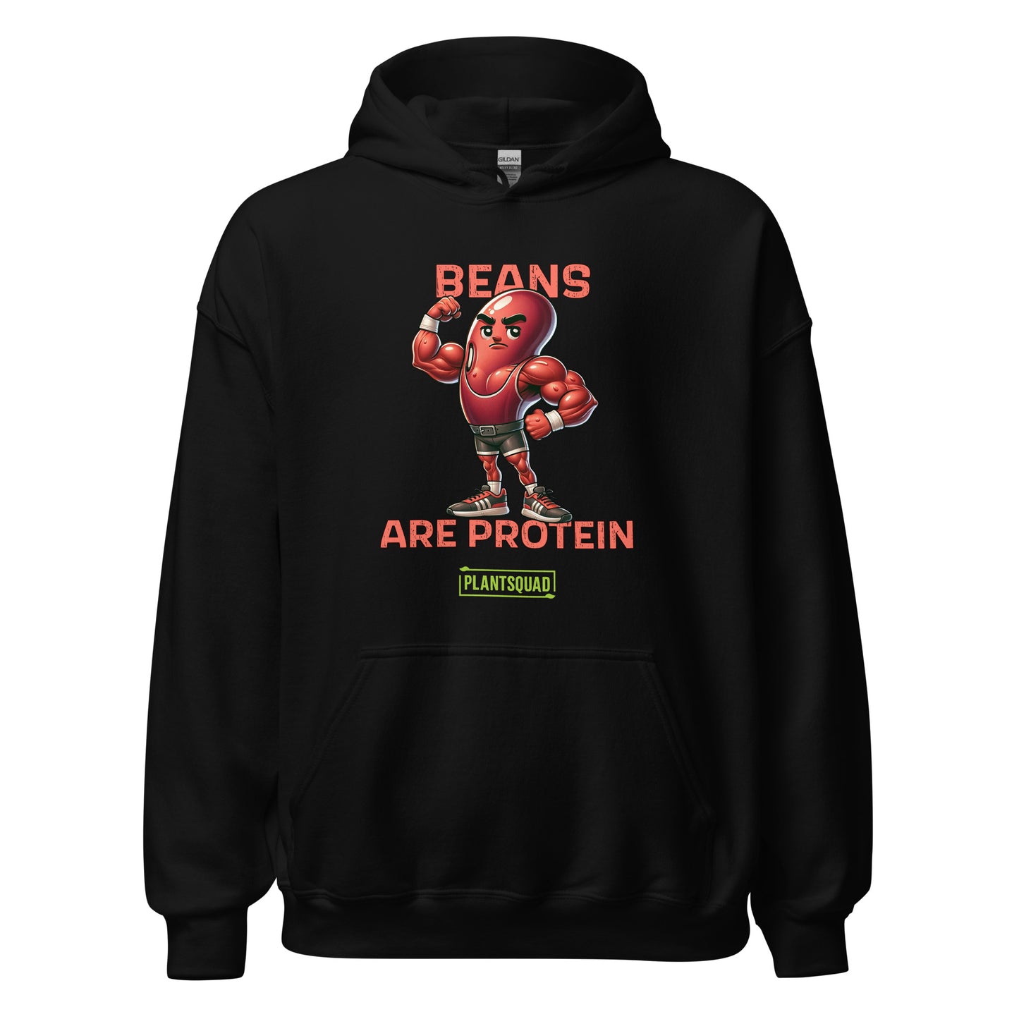 A black hoodie featuring a graphic of a muscular, anthropomorphic bean character in boxing gear, with the text "Beans Are Protein" in bold red letters above and below the image. Embrace your vegan lifestyle with this Plantsquad Kidney Bean "Beans Are Protein" - Unisex Hoodie. Below the text is a small green rectangle with the word "PLANTSQUAD.