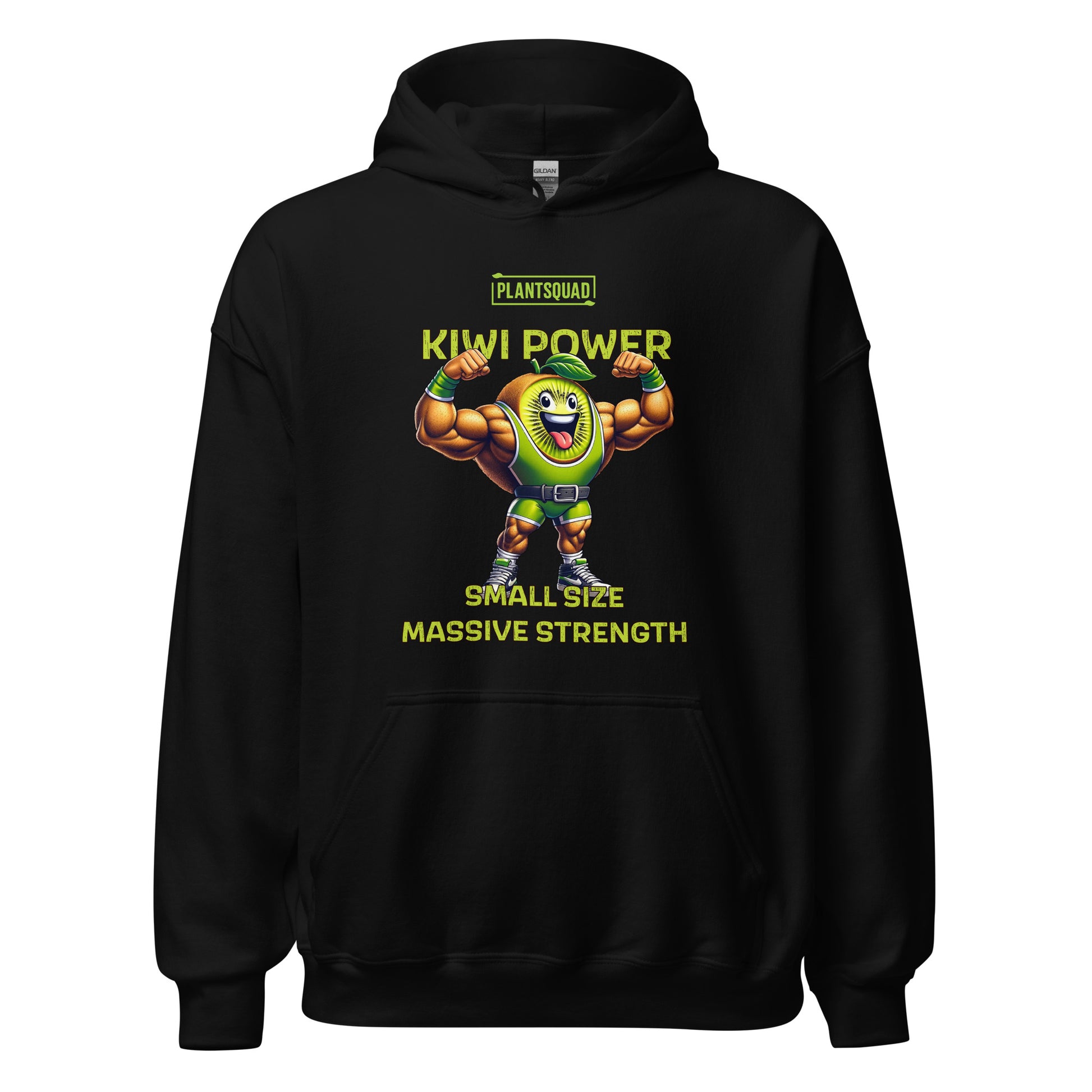 A black weight lifting hoodie featuring a cartoon kiwi character with muscular arms flexing. Above the character is the text "PLANTSQUAD" and "KIWI POWER". Below the character, it reads "SMALL SIZE MASSIVE STRENGTH" in yellow-green font, perfect for showcasing your vegan lifestyle—the Plantsquad Kiwi "Kiwi Power Small Size Massive Strength" - Unisex Hoodie.