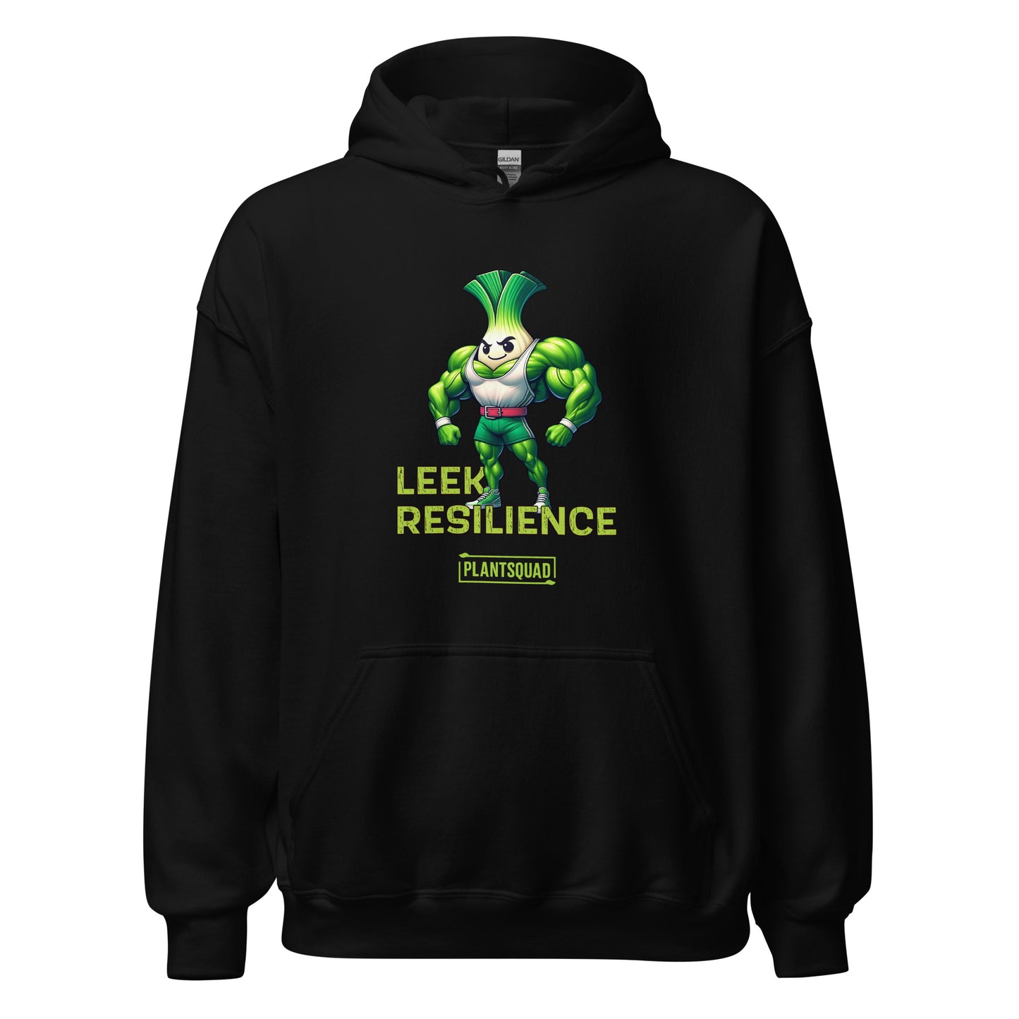 A black *Plantsquad Leek "Leek Resilience" - Unisex Hoodie* featuring an animated muscular leek character. The leek, with muscular arms and a confident pose, is accompanied by the text "Leek Resilience" above and "Plantsquad" below. Made from cozy fabric, this hoodie is perfect for those embracing a vegan lifestyle.