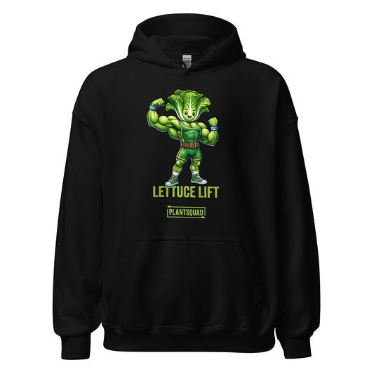 The Plantsquad Lettuce "Lettuce Lift" - Unisex Hoodie features a cartoon muscular head of lettuce with a determined expression, flexing its arms. Below it, the text reads "LETTUCE LIFT" in bold yellow-green letters and "PLANTSQUAD" in a smaller green banner - perfect for embracing your vegan lifestyle and weight lifting passion.