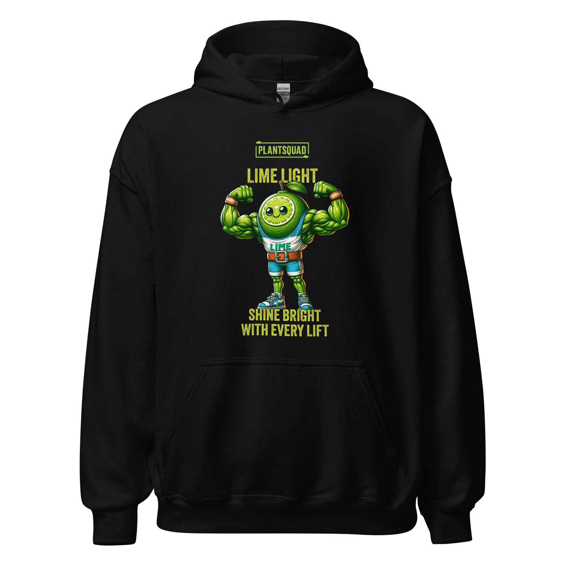 The Plantsquad Lime "Lime Light Shine Bright With Every Lift" - Unisex Hoodie features a muscular, smiling lime character flexing its biceps. The text above reads "PLANTSQUAD" and "LIME LIGHT," while below it says "SHINE BRIGHT WITH EVERY LIFT." Perfect for those embracing a plant-based lifestyle, the bright green lime stands out against the dark background.