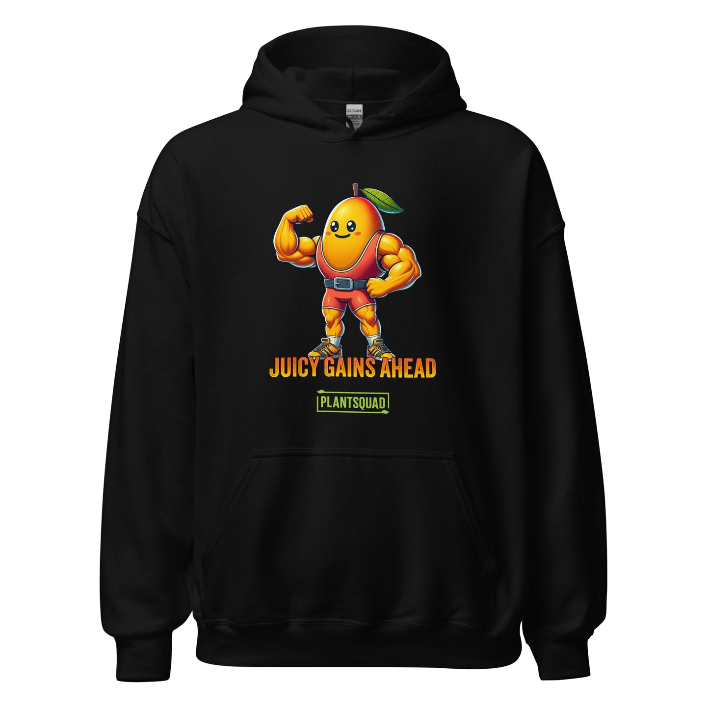 A black Plantsquad Mango "Juicy Gains Ahead" - Unisex Hoodie features a muscular mango cartoon flexing its biceps, donning a green leaf on its head. Below the mango, the text reads "Juicy Gains Ahead" in bold orange letters and "Plant Squad" in a green rectangular box, perfect for showcasing your vegan lifestyle.