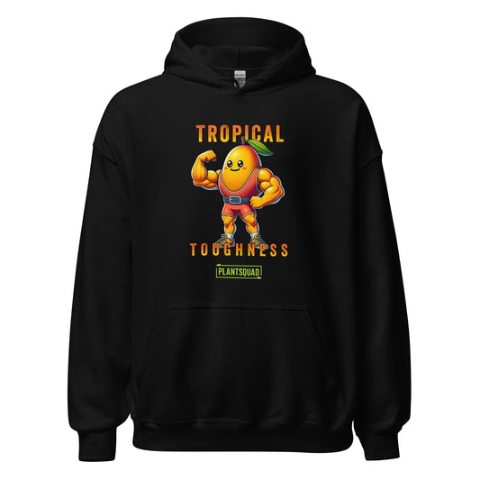 A Plantsquad Mango "Tropical Toughness" - Unisex Hoodie features a muscular, anthropomorphic mango character wearing superhero gear. The character is flexing its muscles, showcasing the benefits of a vegan lifestyle. Above it, text reads "Tropical Toughness," and below, a green label says "PLANTSQUAD.