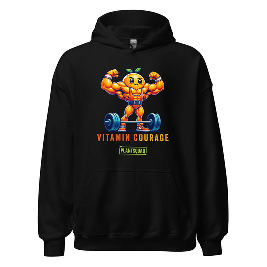 A Plantsquad Orange "Vitamin Courage" - Unisex Hoodie featuring a muscular, anthropomorphic orange lifting a barbell. The text "VITAMIN COURAGE" is written below the graphic, with "PLANTSQUAD" in a green rectangle underneath. Perfect for those embracing a vegan lifestyle.