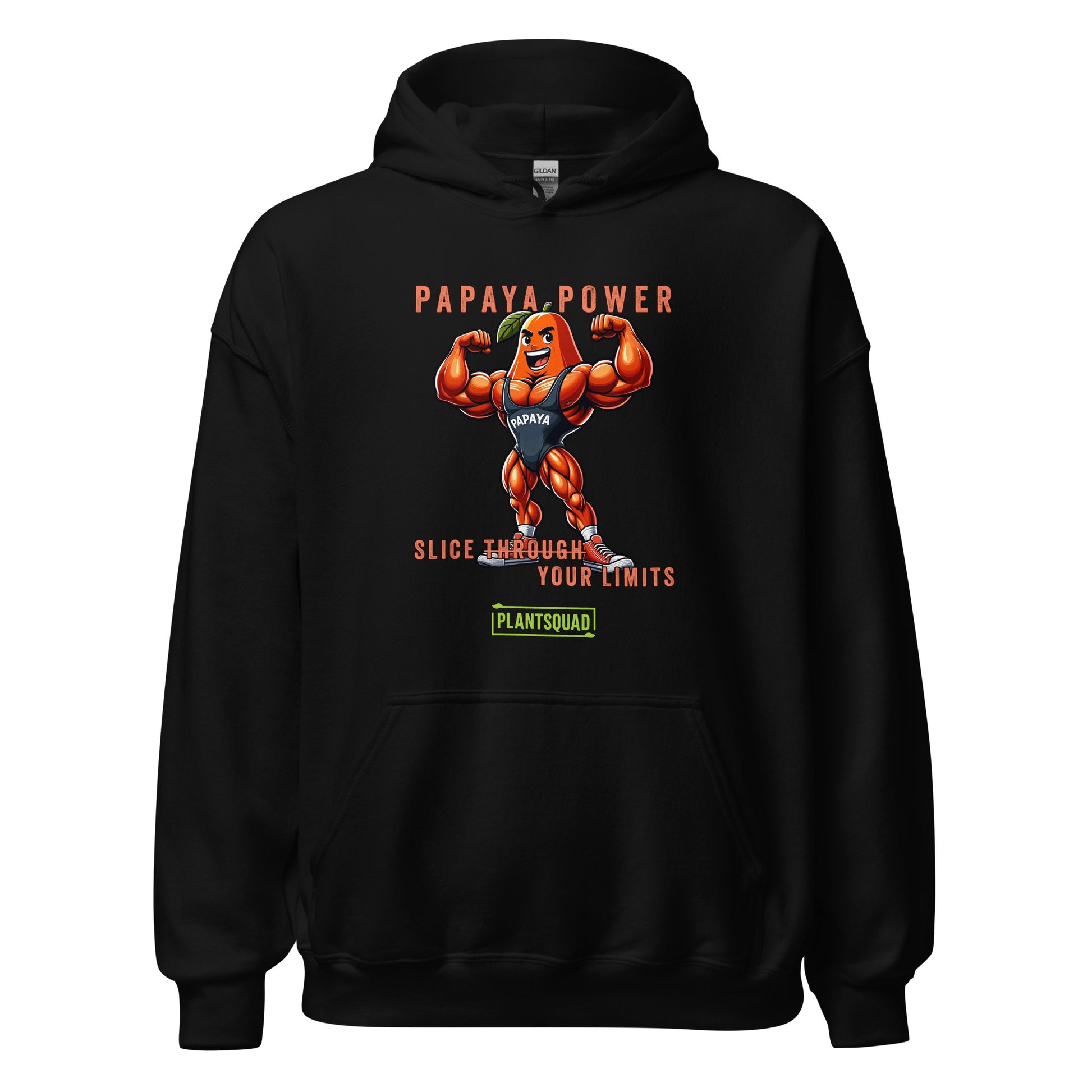 Plantsquad Payapa "Papaya Power Slice Through Your Limits" - Unisex Hoodie, displaying an illustrated muscular orange papaya character flexing, accompanied by the text "Papaya Power" at the top. Below the character, the text reads "Slice Through Your Limits." Perfect for your vegan lifestyle and weight lifting sessions, it features a green logo labeled "Plantsquad.