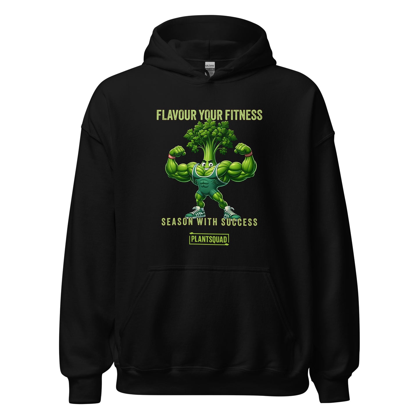 A black vegan hoodie featuring a muscular, anthropomorphic broccoli character flexing its arms. Above the character, the text reads "Flavour Your Fitness," and below it says "Season With Success." The "PLANTSQUAD" logo is displayed at the bottom, perfect for plant-based fitness enthusiasts. This is the Plantsquad Parsley "Flavour Your Fitness Season With Success" - Unisex Hoodie.