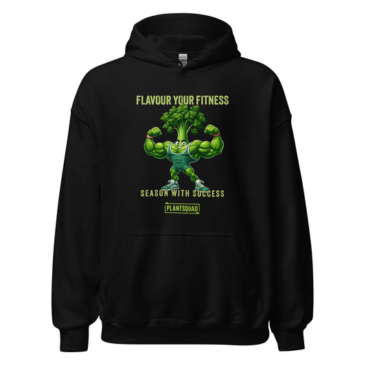 A black vegan hoodie featuring a muscular, anthropomorphic broccoli character flexing its arms. Above the character, the text reads "Flavour Your Fitness," and below it says "Season With Success." The "PLANTSQUAD" logo is displayed at the bottom, perfect for plant-based fitness enthusiasts. This is the Plantsquad Parsley "Flavour Your Fitness Season With Success" - Unisex Hoodie.