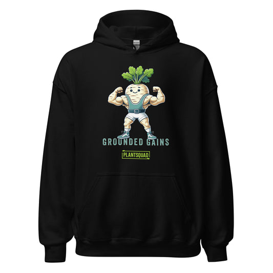 A black hoodie featuring a muscular cartoon vegetable character with green leaves on its head, flexing its arms. The text above reads "Grounded Gains" and below reads "Plantsquad." Perfect for weight lifting enthusiasts, this cozy fabric Plantsquad Parsnip "Grounded Gains" - Unisex Hoodie celebrates the vegan lifestyle in style.