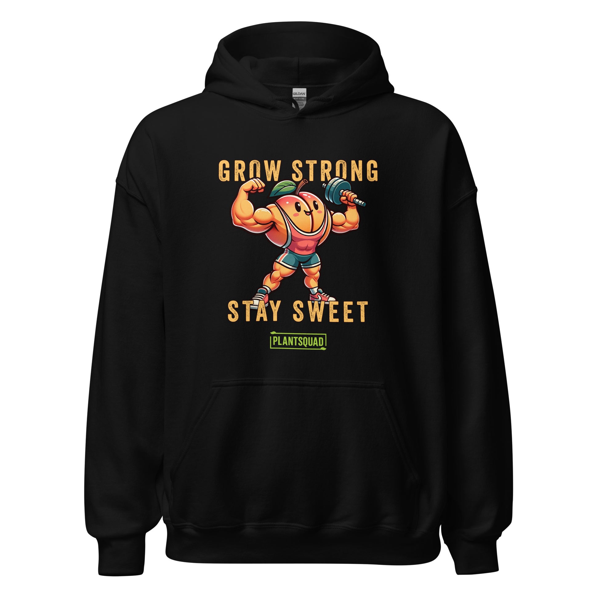 The Plantsquad Peach "Grow Strong Stay Sweet" - Unisex Hoodie features a cheerful, muscular cartoon orange lifting dumbbells. The text above and below the orange reads "Grow Strong Stay Sweet" with a small green label at the bottom that says "PLANTSQUAD." Made from cozy fabric, it's perfect for promoting a vegan lifestyle.